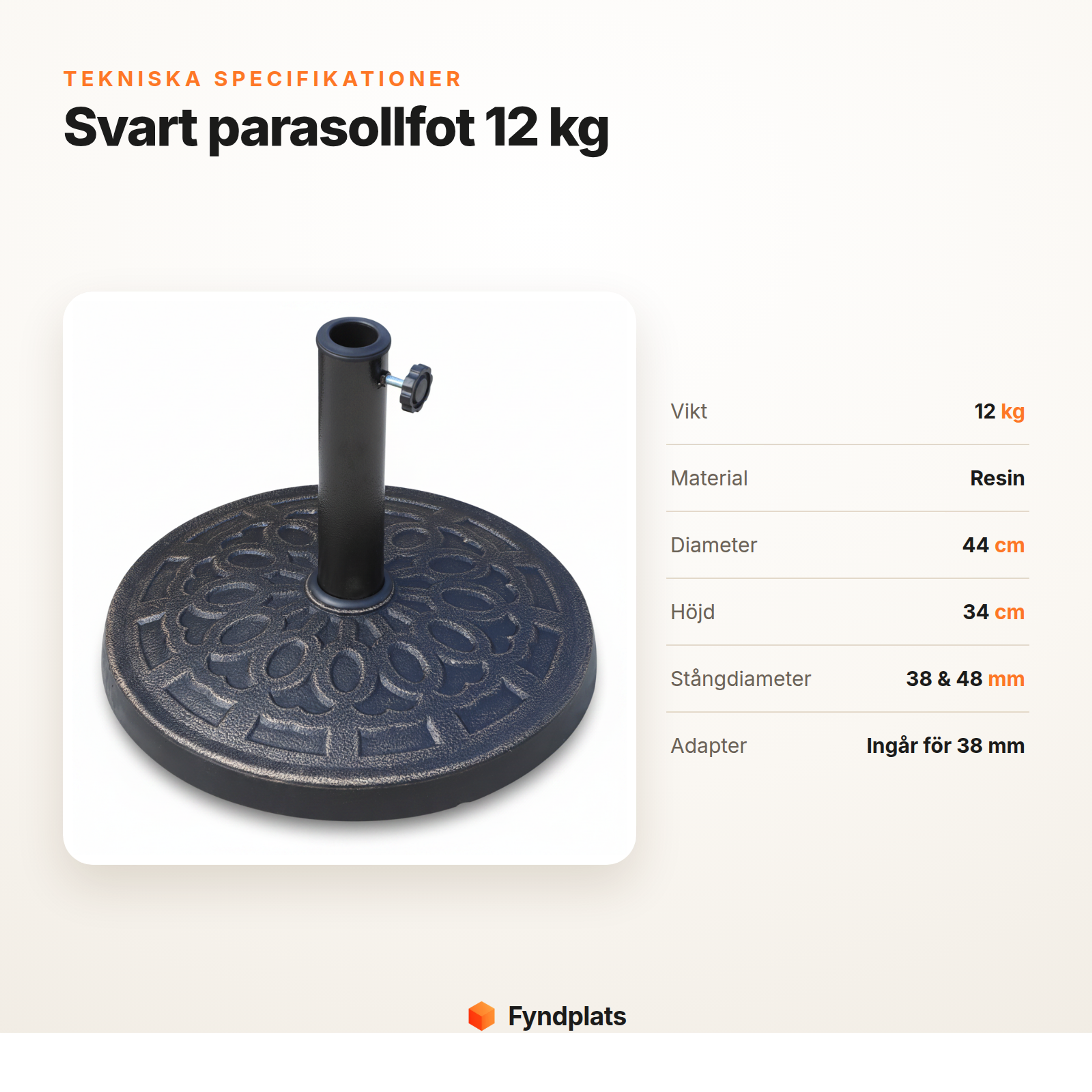 Fyndplats-kort: tekniska specifikationer för svart parasollfot 12 kg