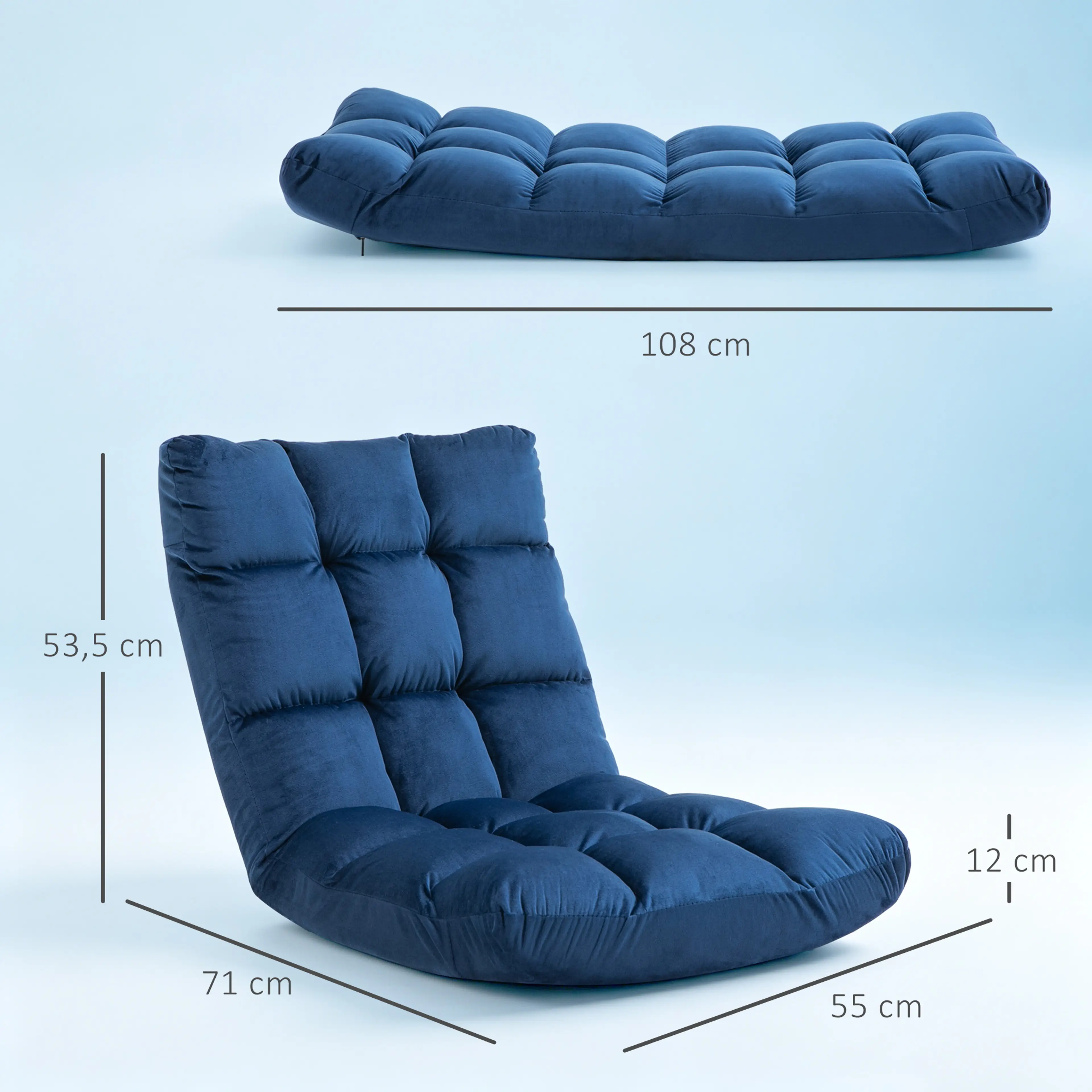 Måttskiss över golvfåtöljen: 55 × 71 × 53,5 cm uppställd, 108 cm utfälld
