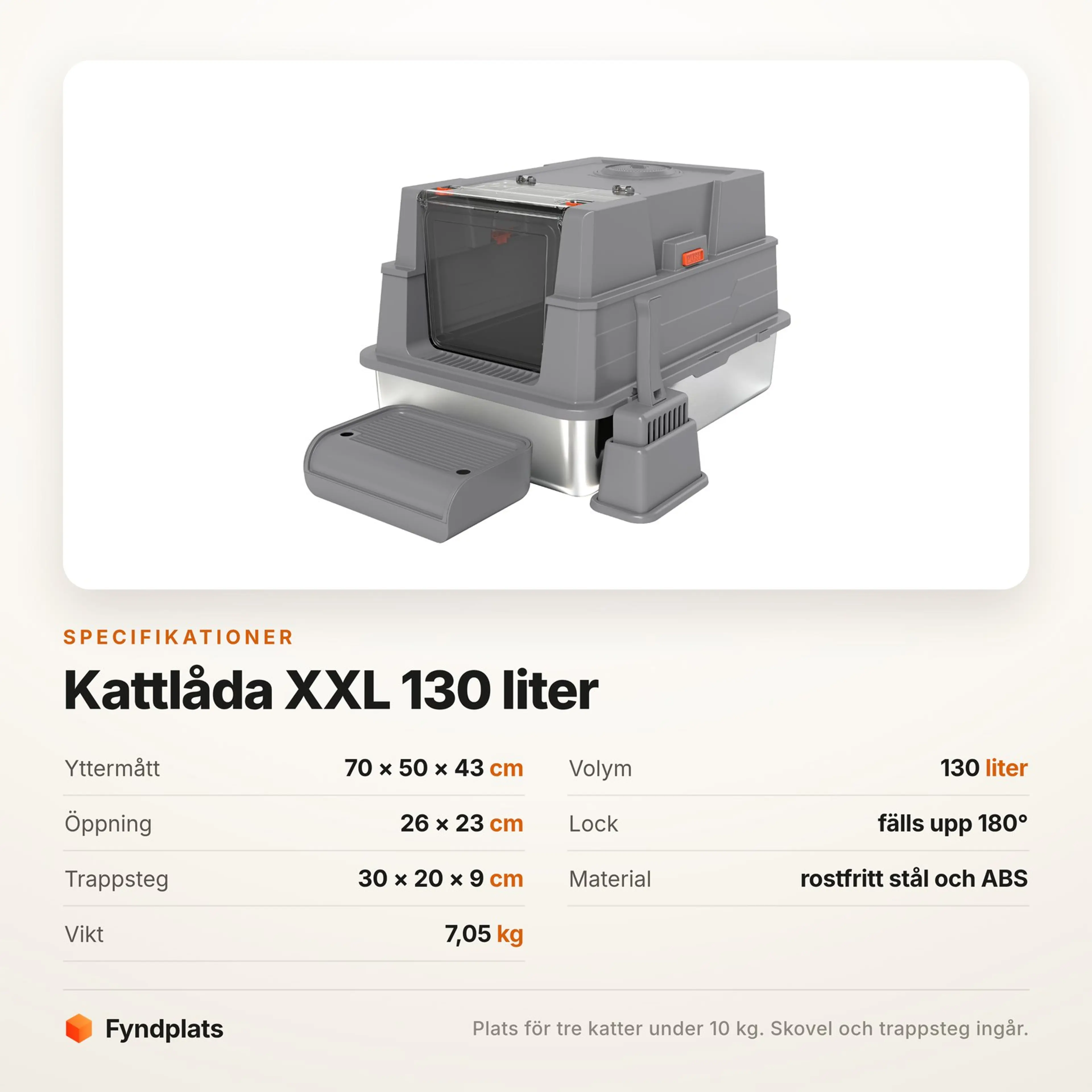 Specifikationskort för kattlåda XXL: 70 × 50 × 43 cm, 130 liter, ingång 26 × 23 cm och vikt 7,05 kg