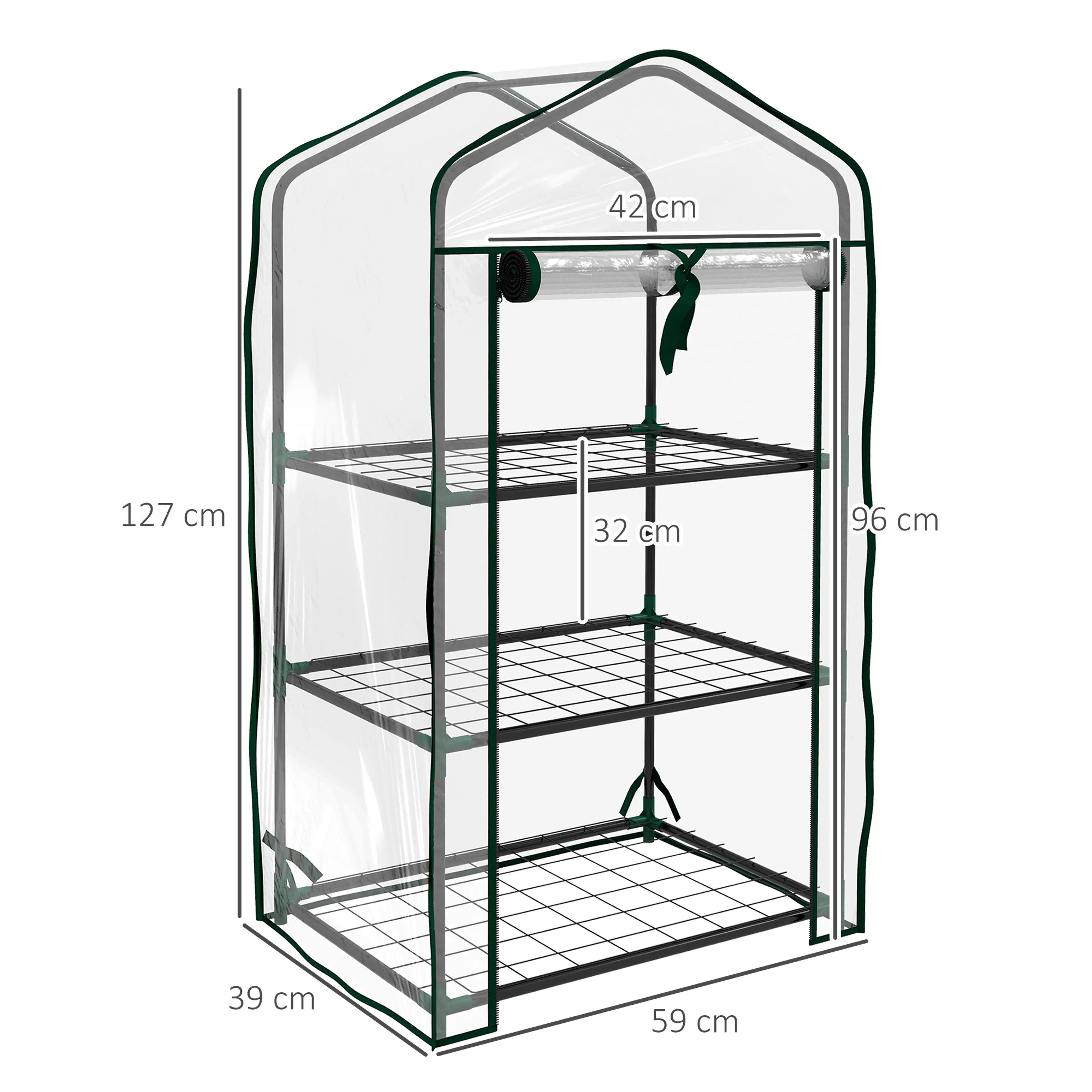 Måttskiss: 59 cm brett, 39 cm djupt, 127 cm högt och 32 cm per plan