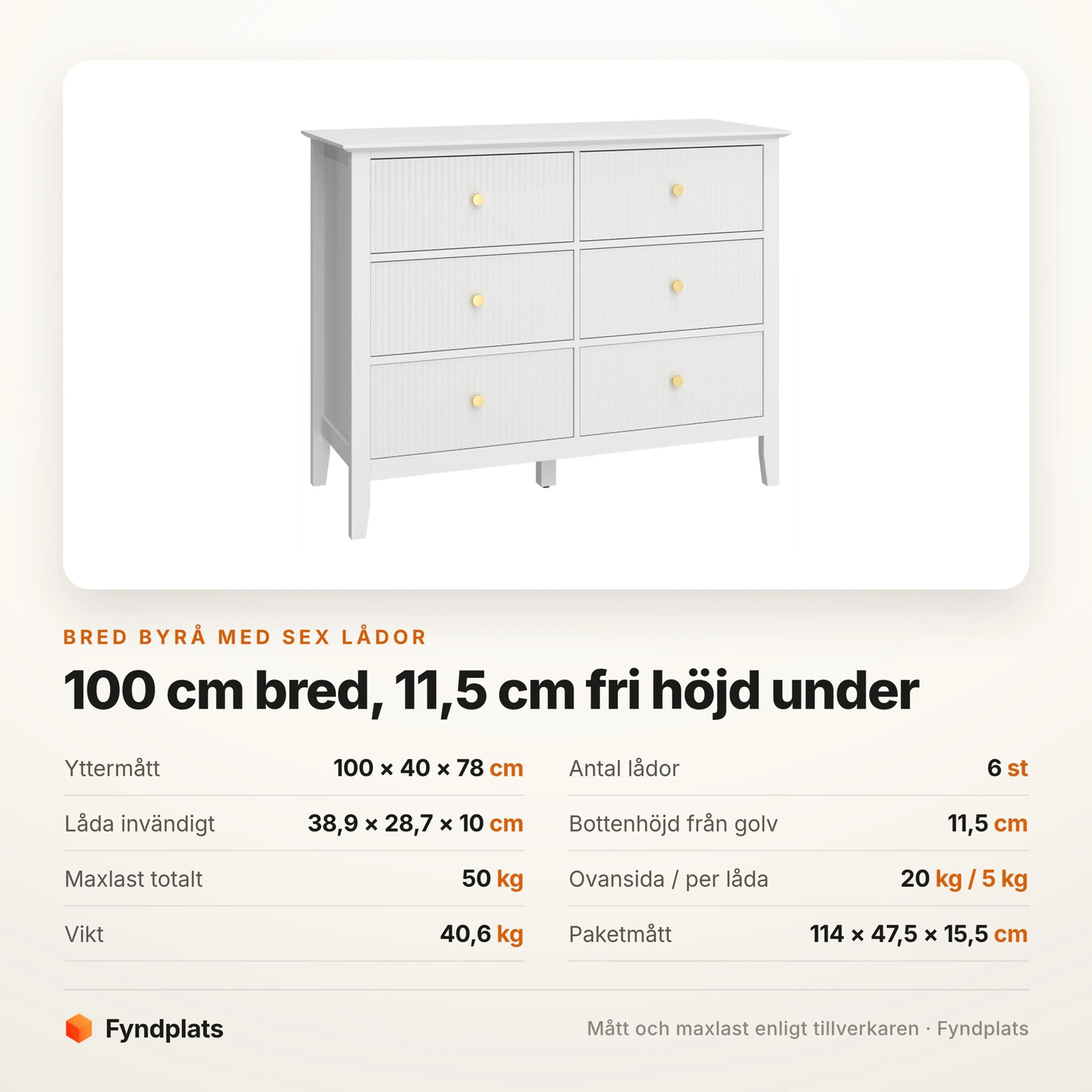 Spec-kort med mått och maxlast för den breda byrån med sex lådor