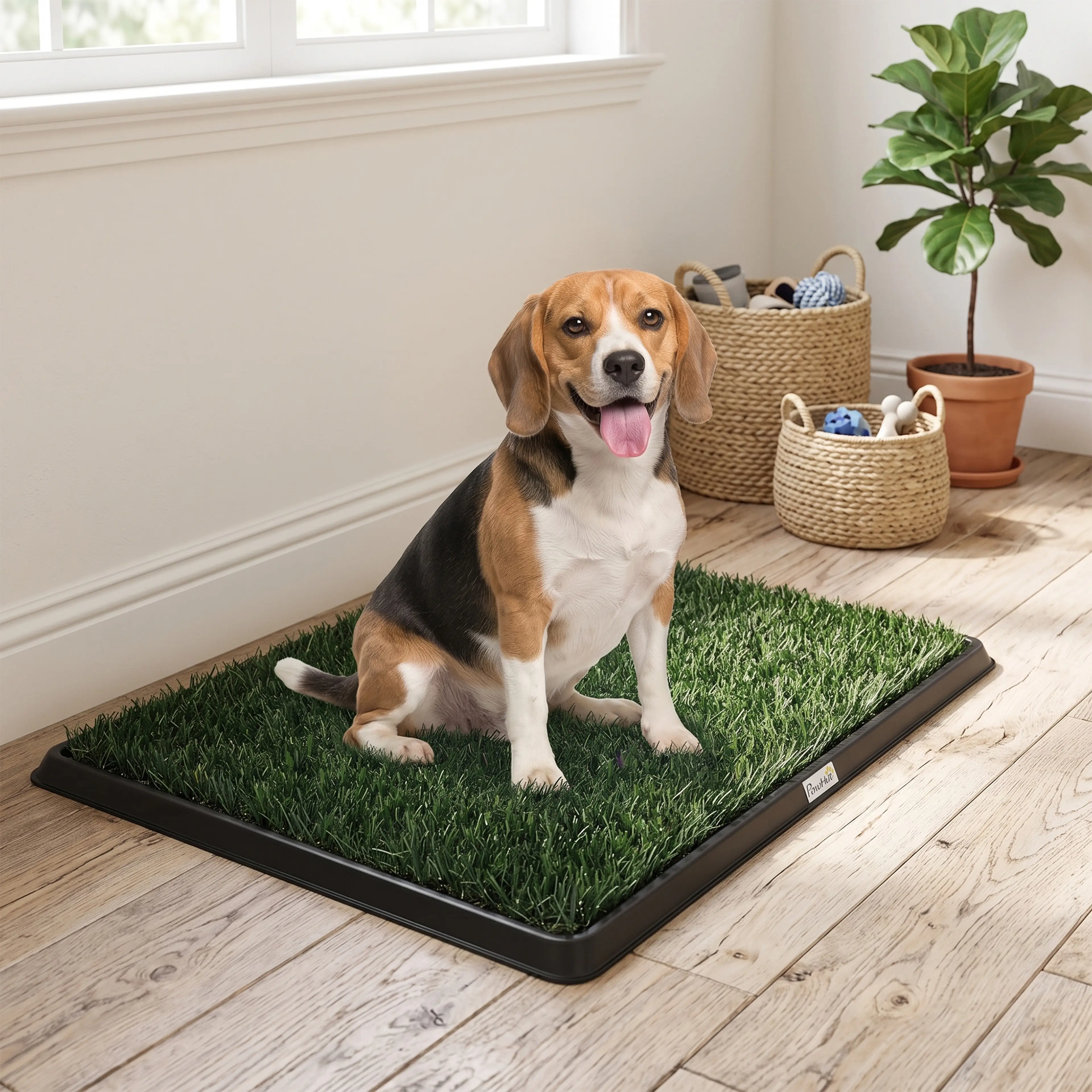 En beagle sitter på hundtoaletten på ett trägolv i ett ljust rum
