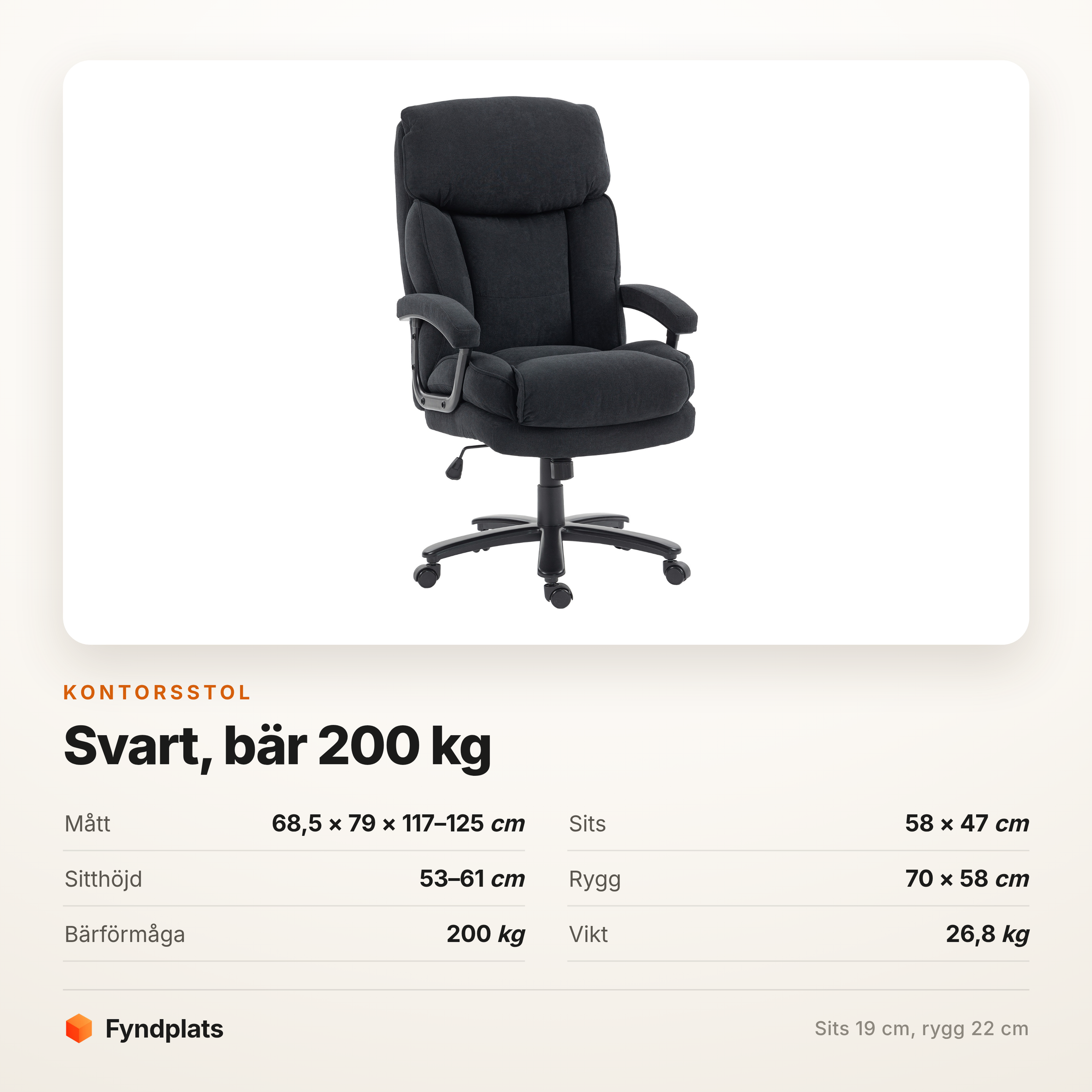 Kontorsstol svart som bär 200 kg – 58 cm sits och 70 cm hög rygg – bild 5