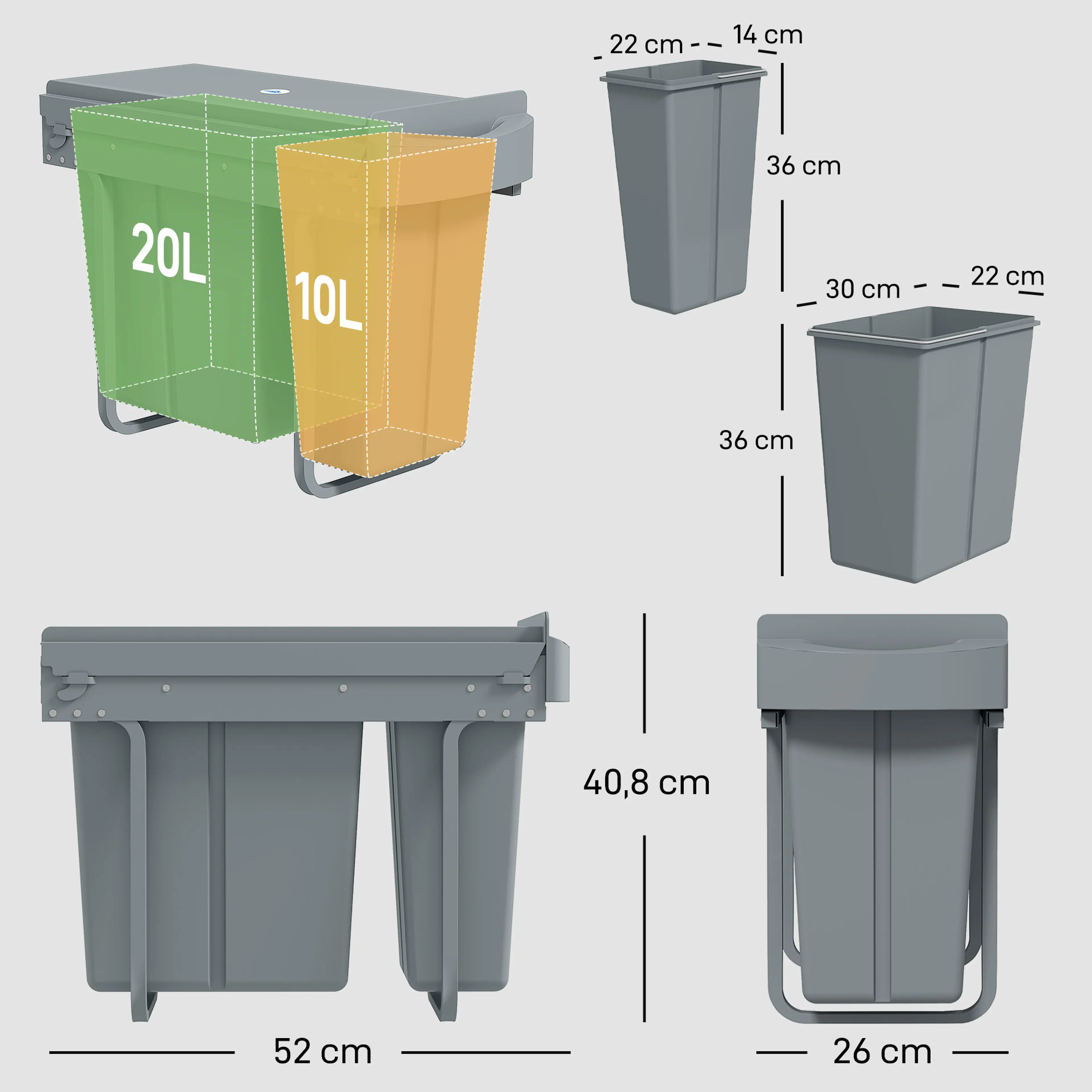 Måttskiss: 52 cm bred, 26 cm djup, 40,8 cm hög, hinkar på 20 och 10 liter