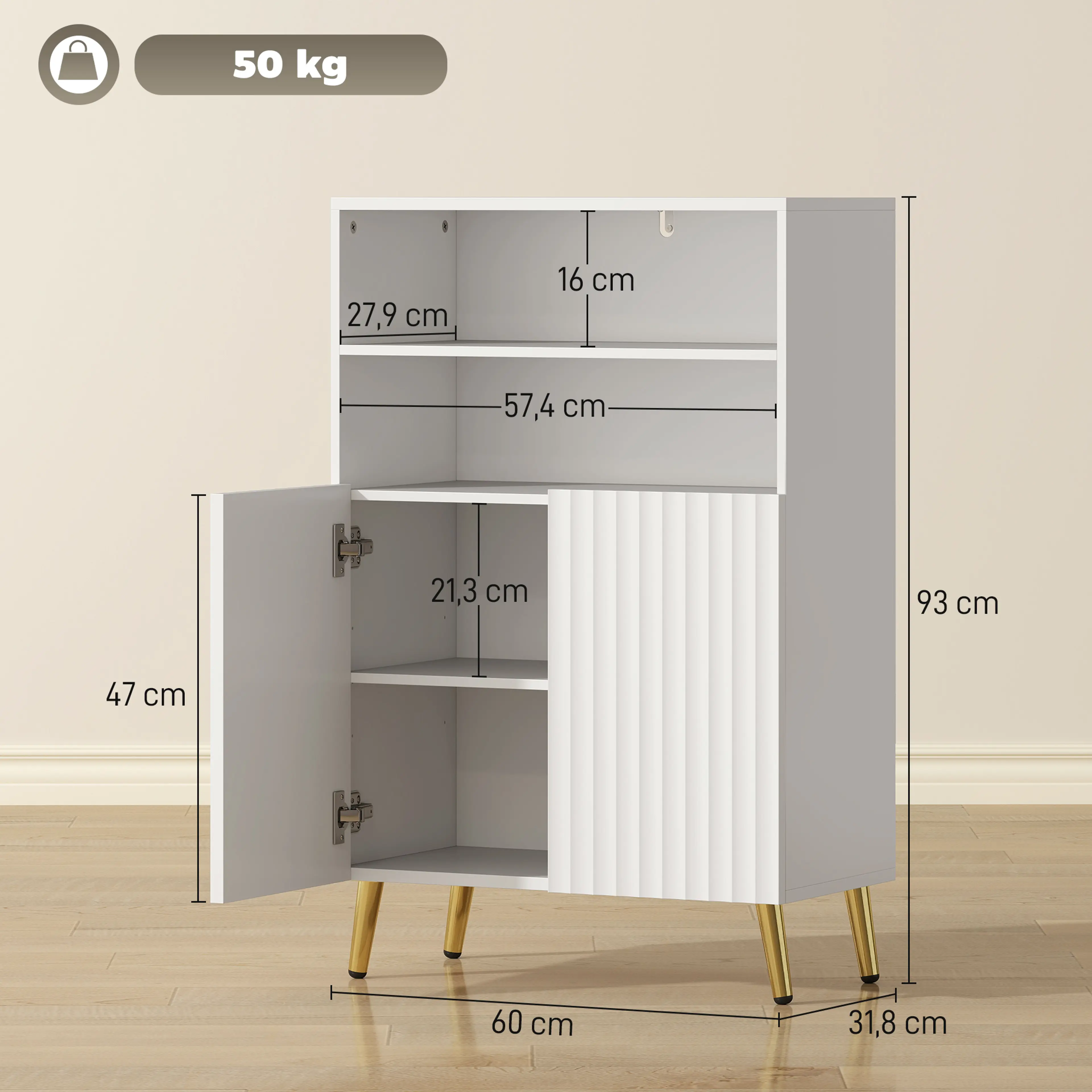 Måttbild: skåpet är 60 × 31,8 × 93 cm, hyllorna 57,4 × 27,9 cm och 16 cm höga, och det bär 50 kg