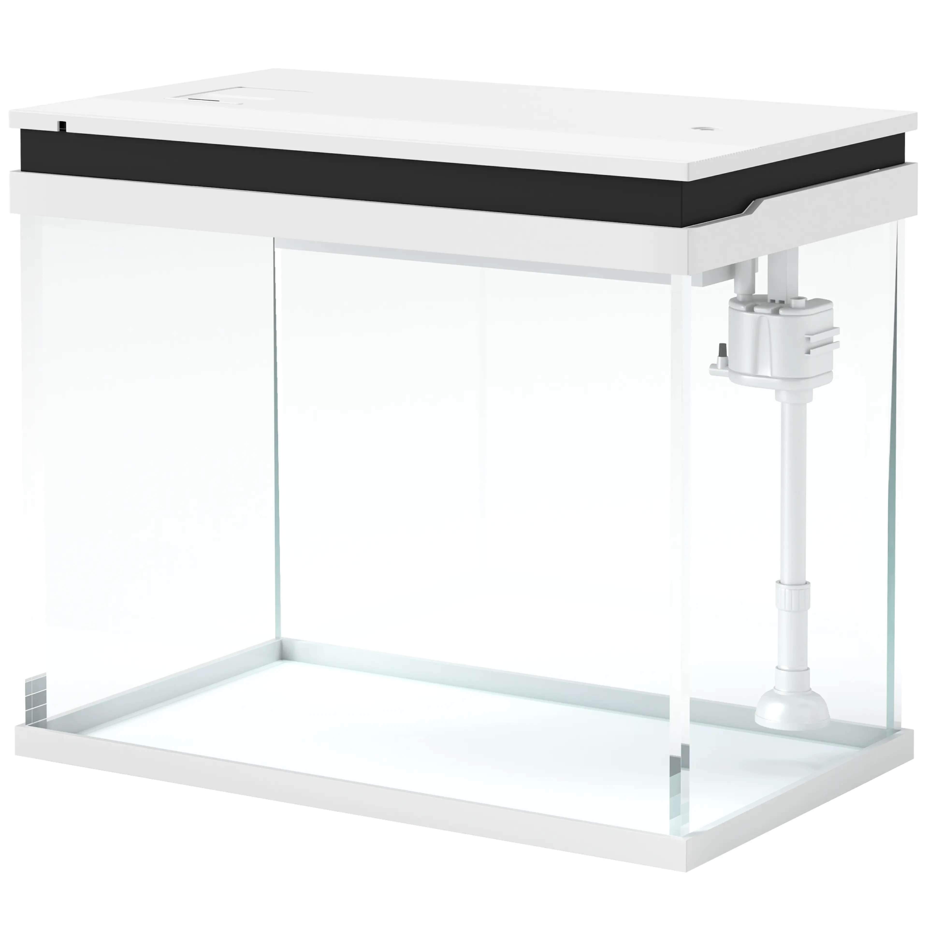 Glasakvarium med vitt lock, svart list och inbyggd filterpump