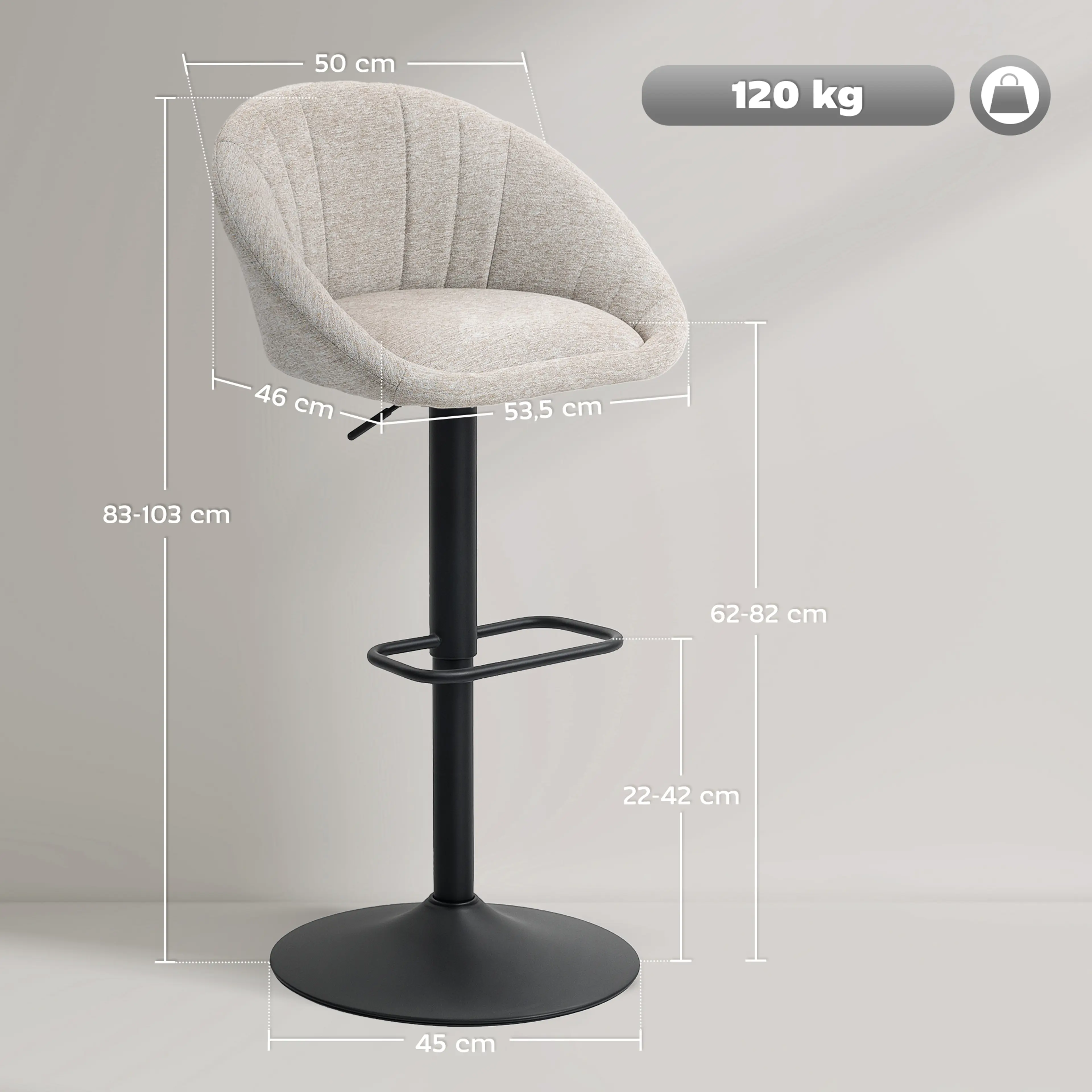 Måttskiss: 53,5 cm bred, 46 cm djup, 83–103 cm hög, sitthöjd 62–82 cm, bärighet 120 kg