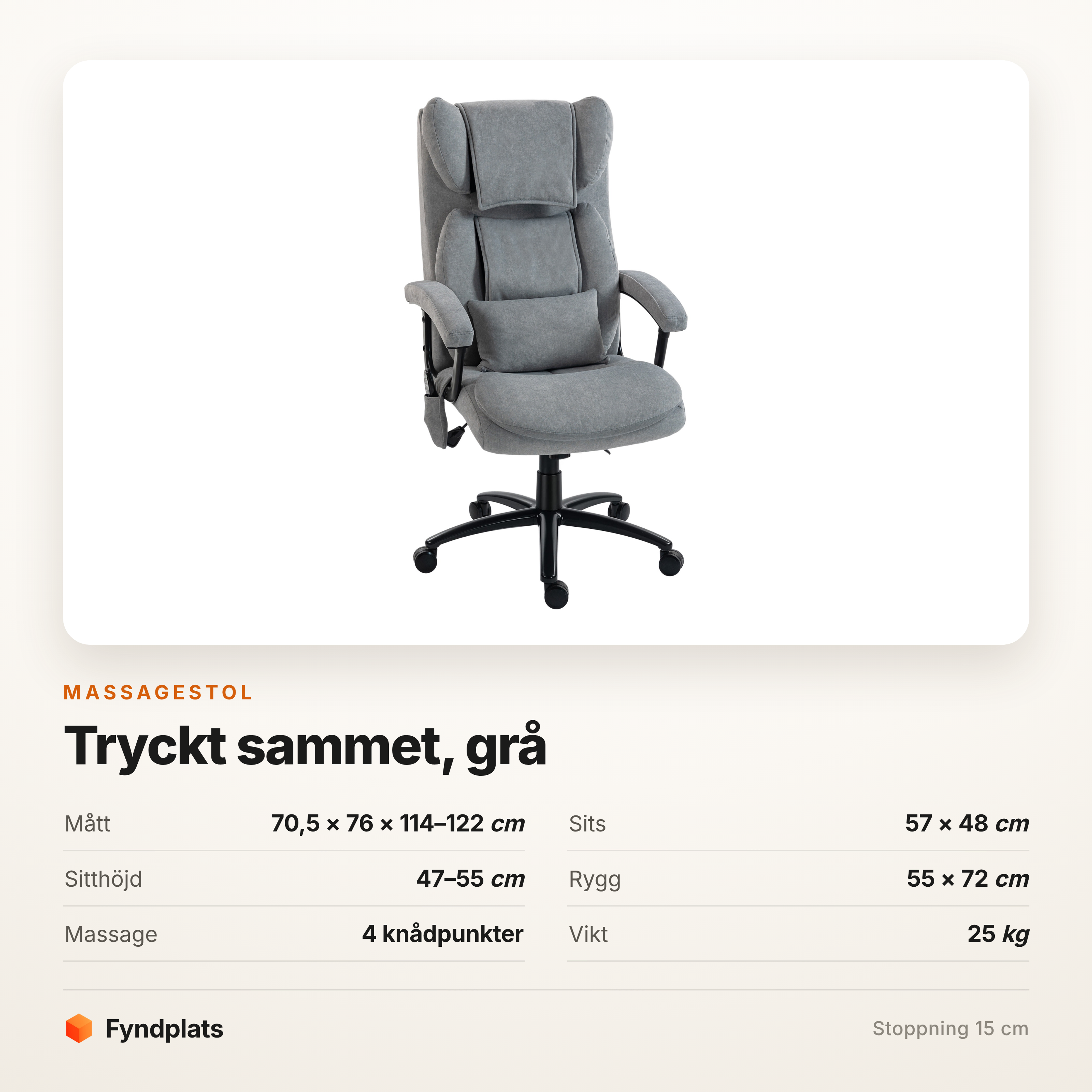 Massagestol i tryckt sammet – fyra knådpunkter, grå, 15 cm stoppning – bild 5