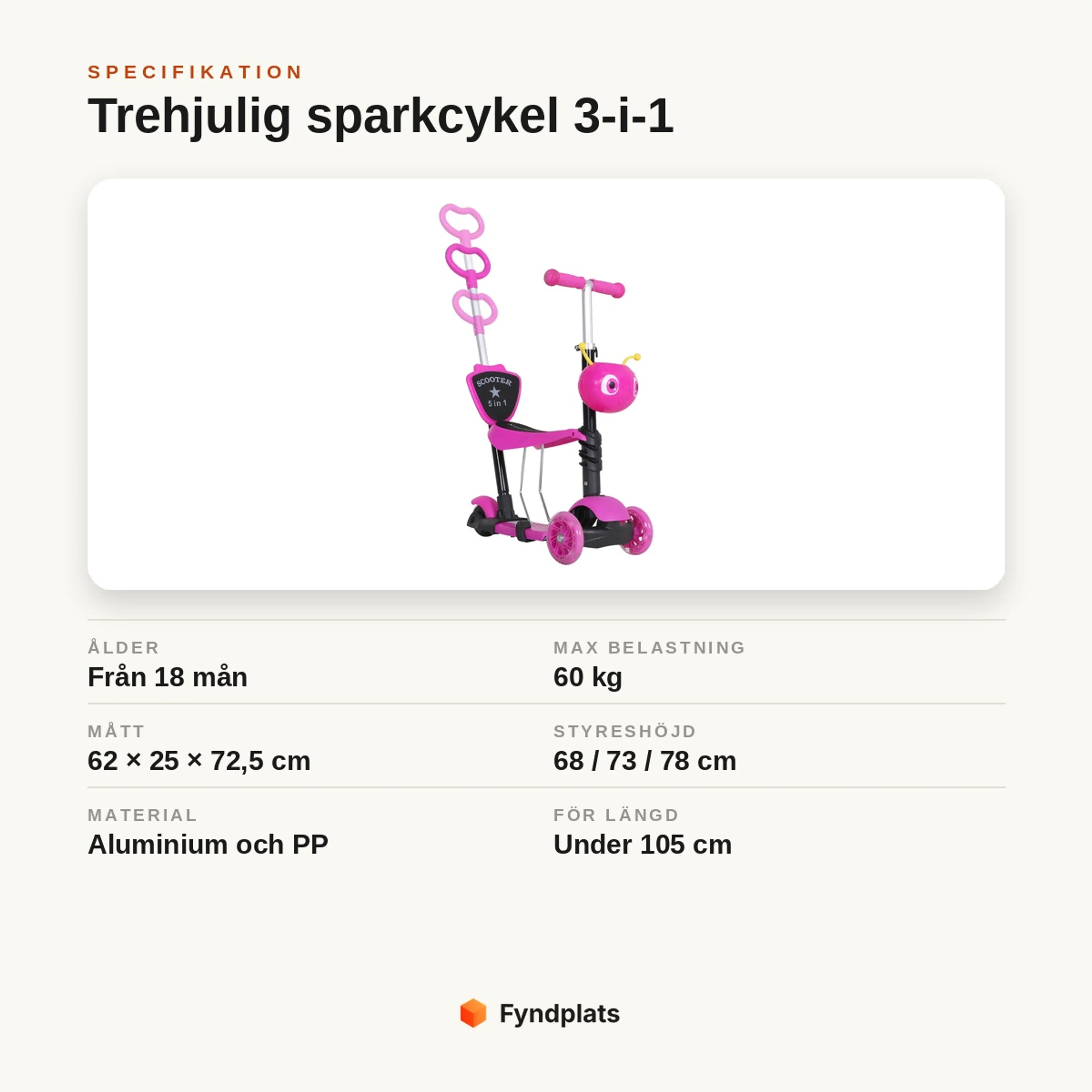 Specifikationskort: trehjulig sparkcykel 3-i-1 från 18 mån, max 60 kg, mått 62 × 25 × 72,5 cm, styre i 3 höjder