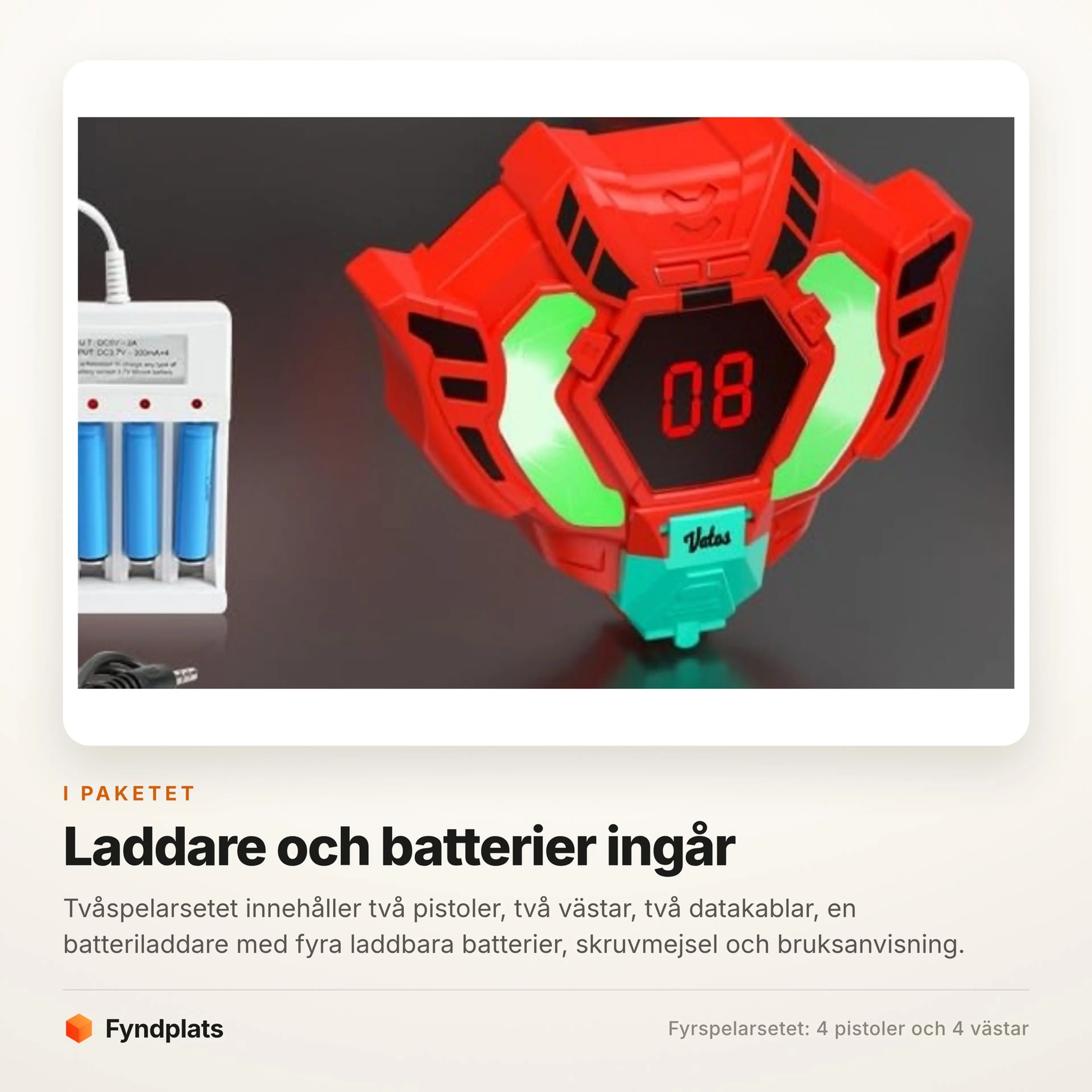 Batteriladdare med fyra laddbara batterier bredvid en röd väst