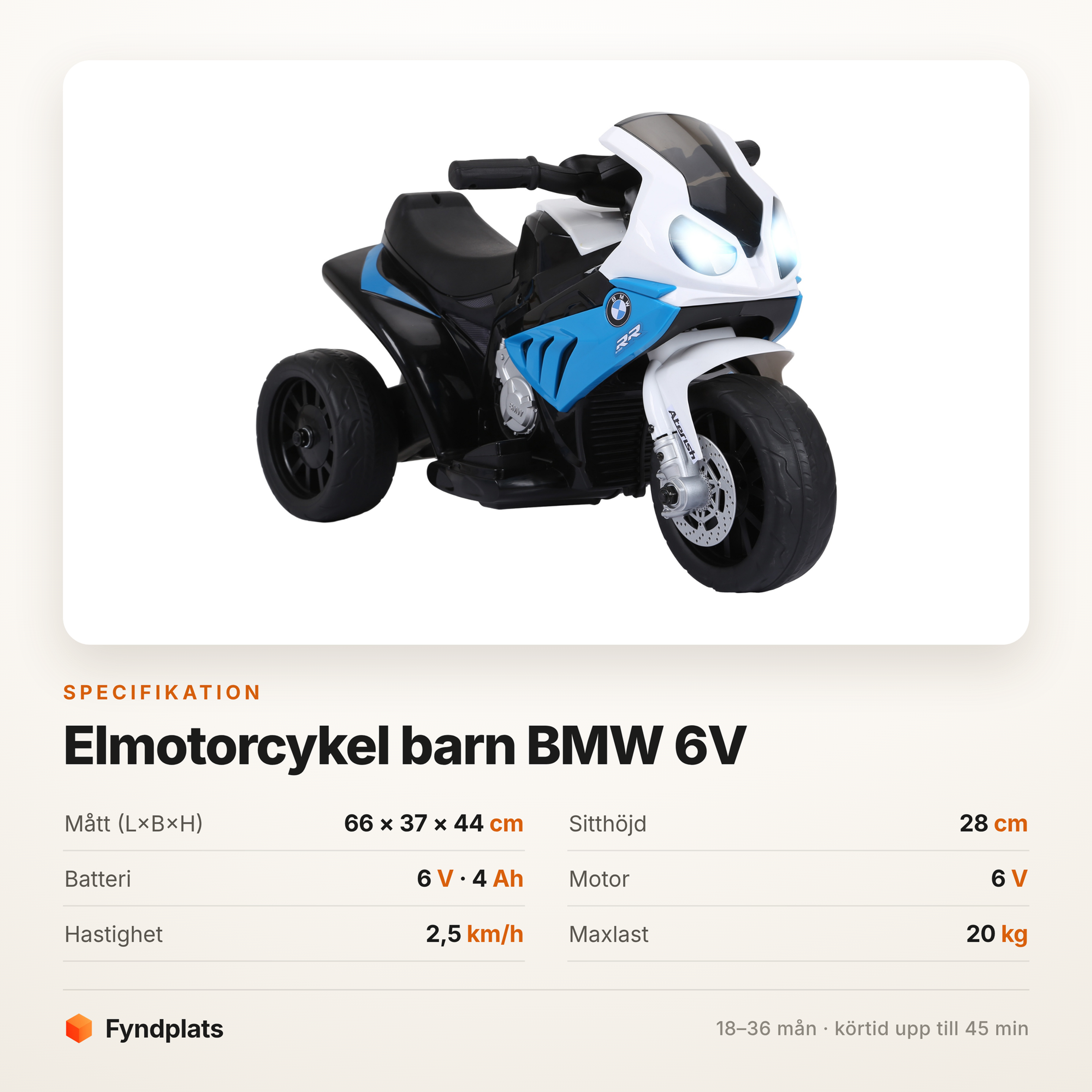 Fyndplats specifikationskort för BMW-elmotorcykeln: 66 × 37 × 44 cm, sitthöjd 28 cm, batteri 6 V 4 Ah, 2,5 km/h, max 20 kg, 18–36 månader.