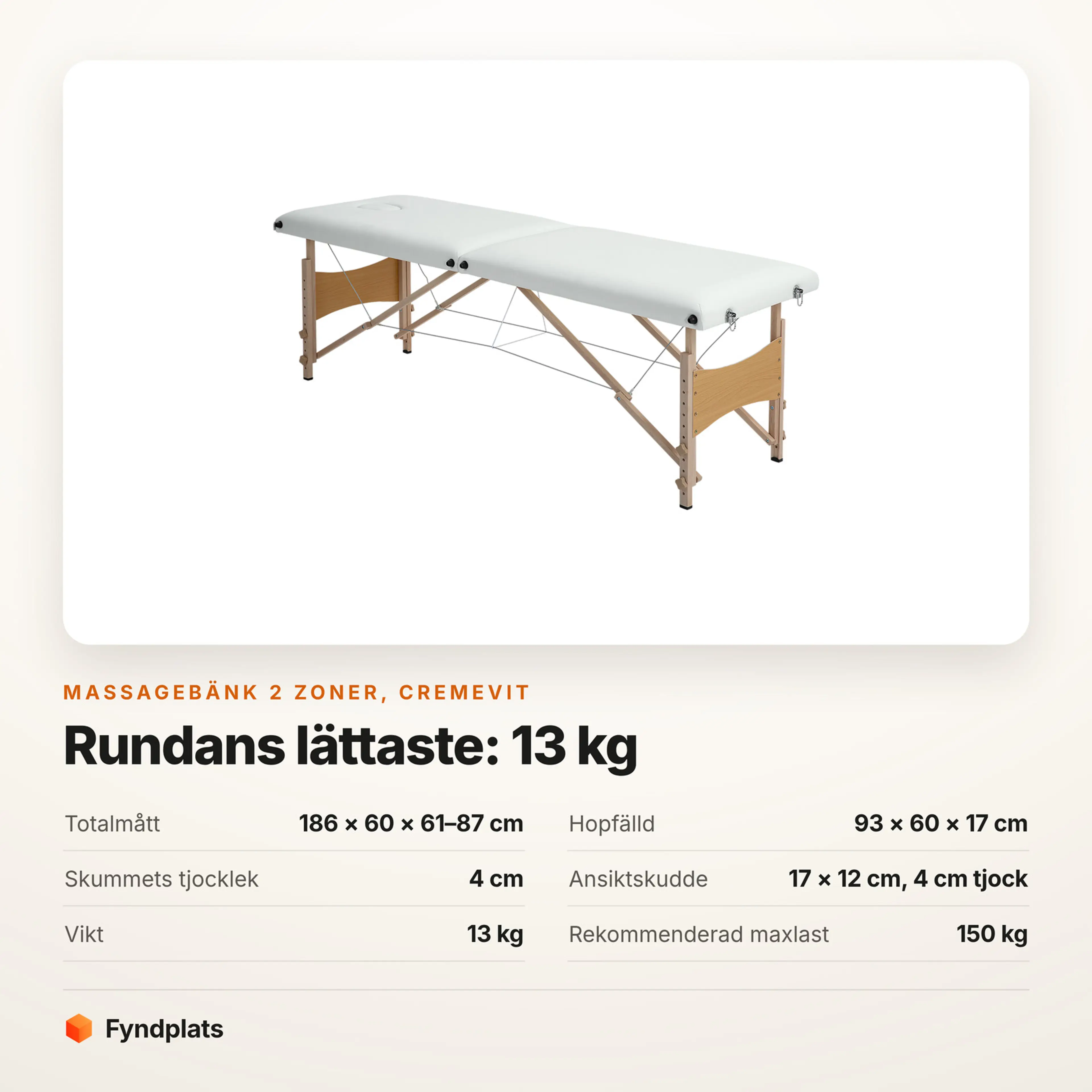 Faktakort: massagebänk 2 zoner cremevit, mått, vikt och maxlast