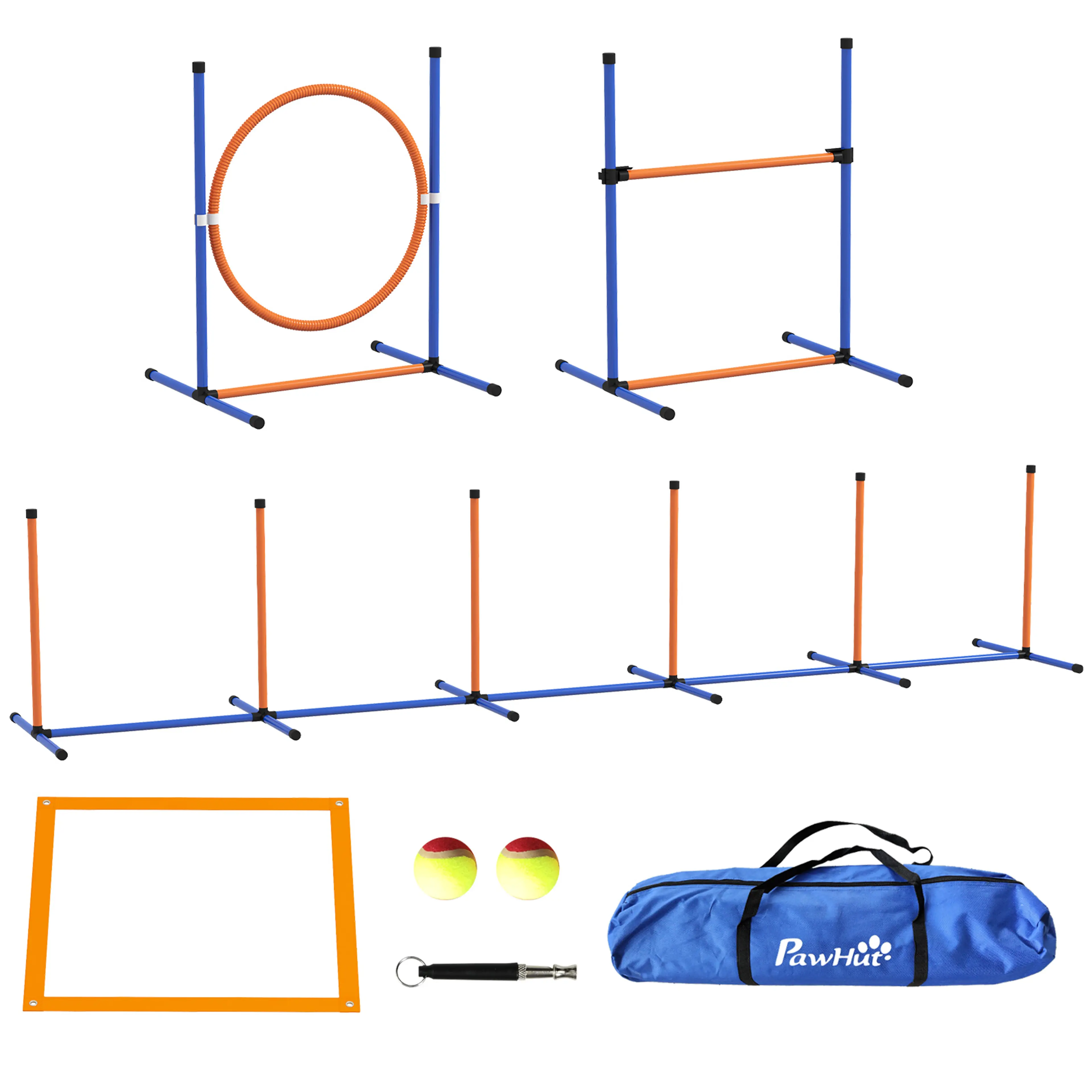 Agilityset med hoppring, hopphinder, slalom med sex stänger, orange pausruta, två tennisbollar, visselpipa och bärväska, på vit bakgrund