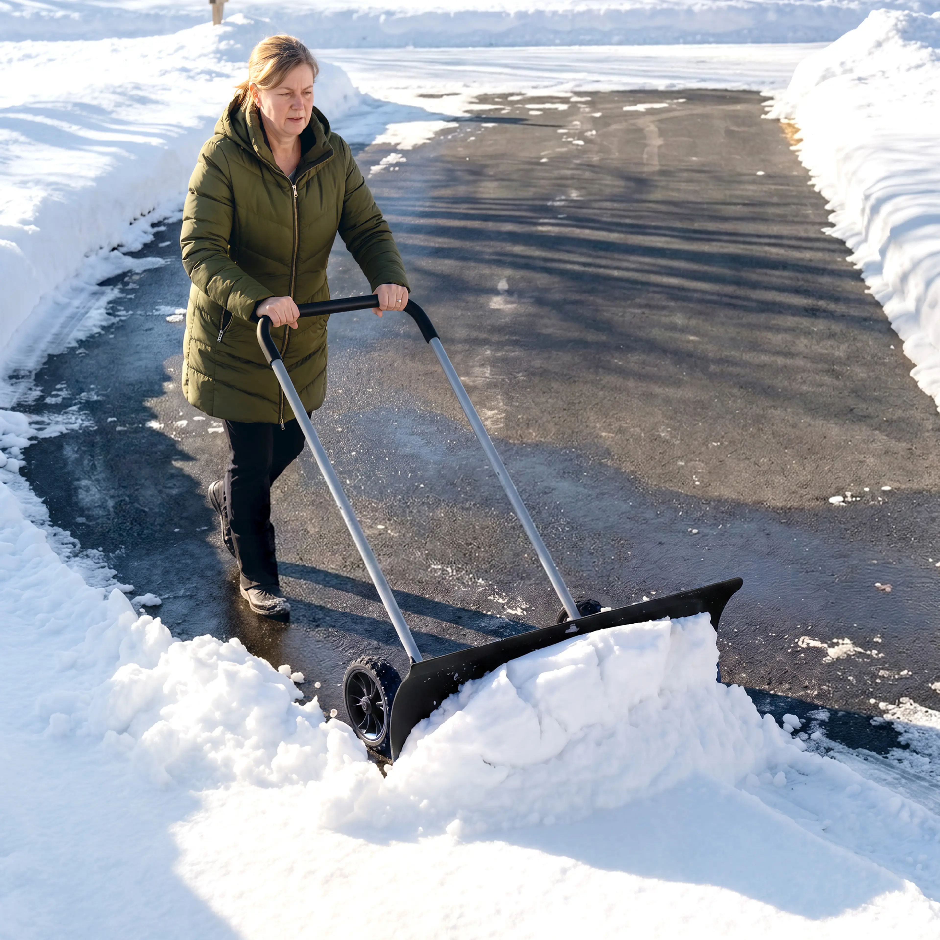 Kvinna röjer en uppfart med snöskyffeln mellan höga snövallar