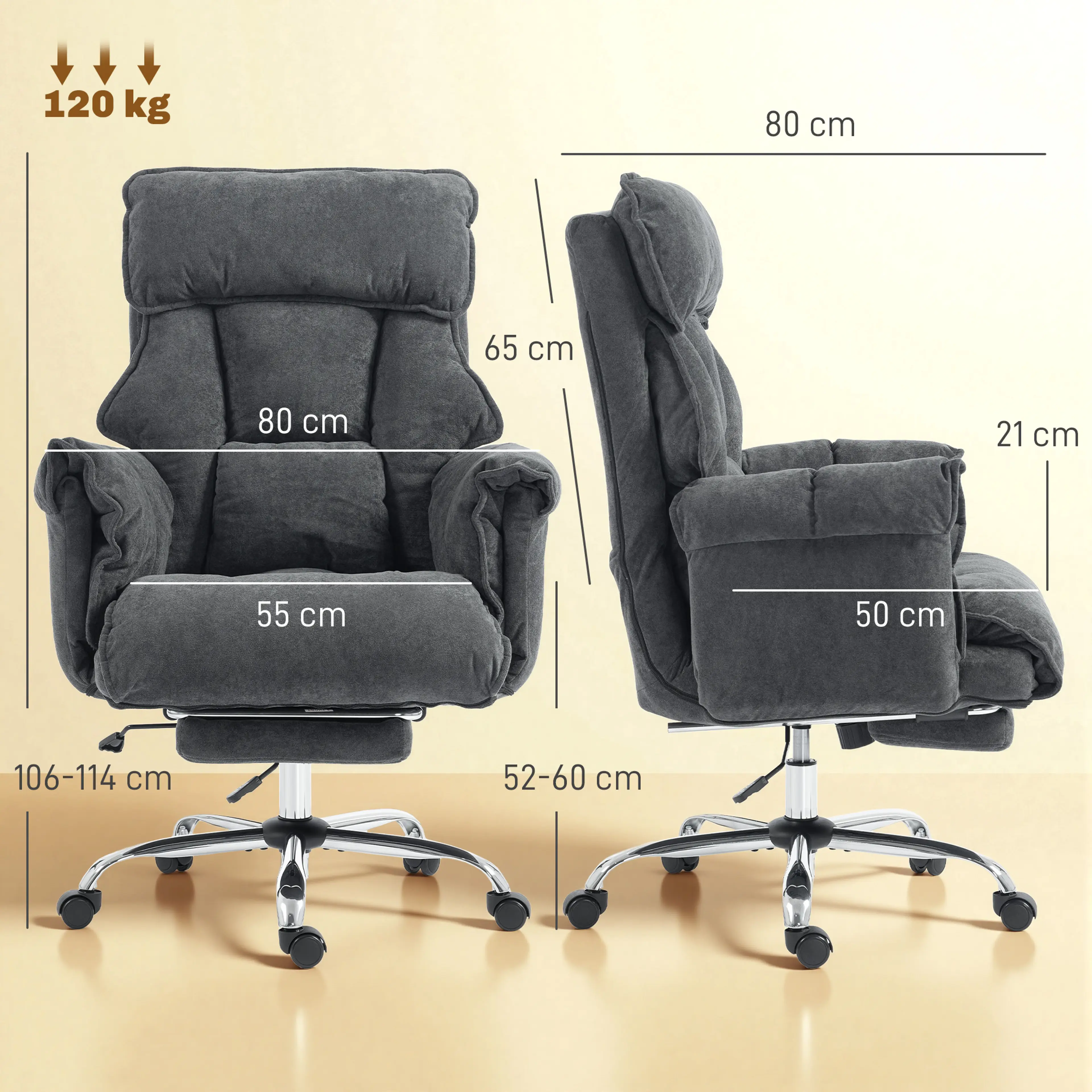Måttritning med bredd 80 cm, höjd 106–114 cm, sits 55 cm och sitthöjd 52–60 cm