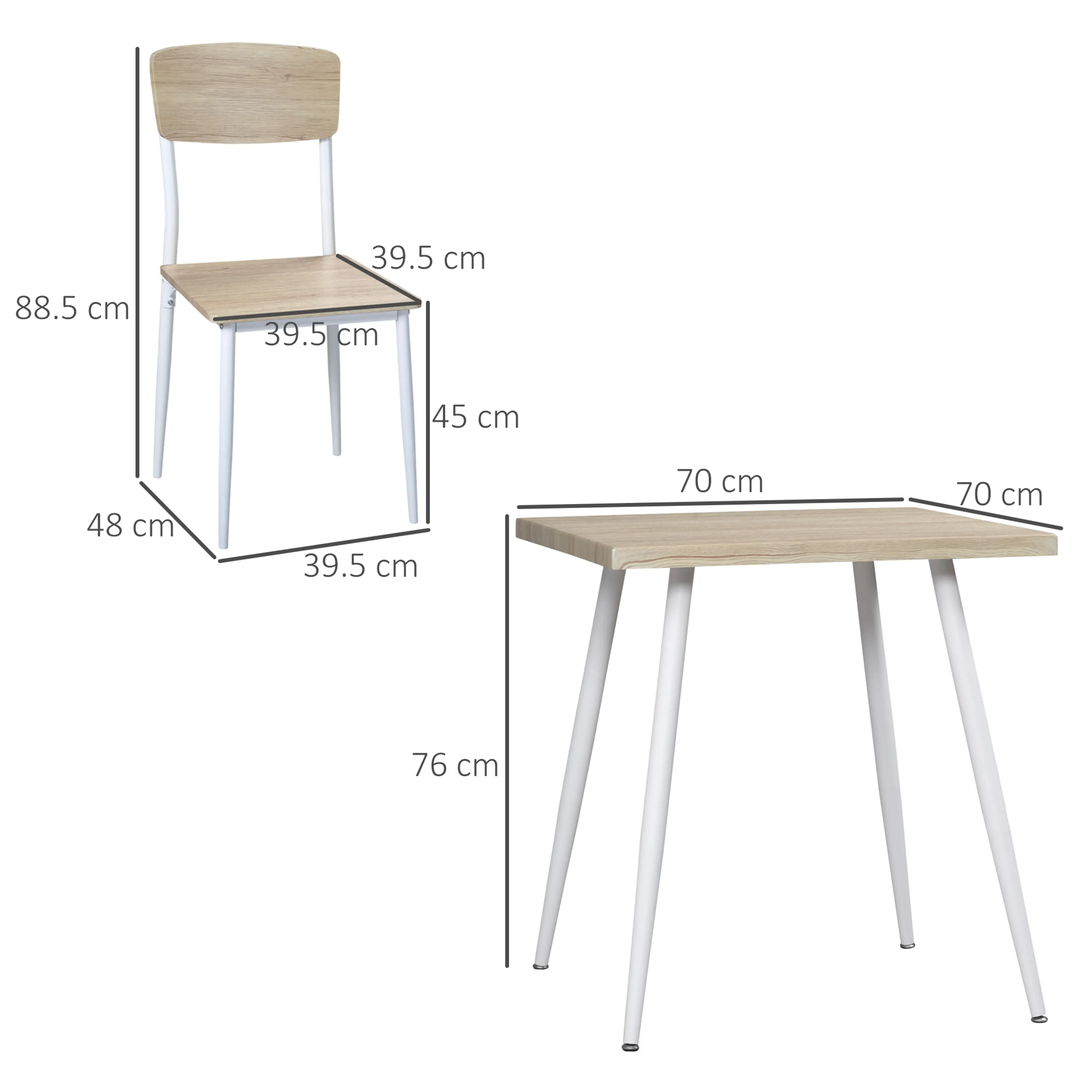Måttskiss: bordet 70 × 70 × 76 cm och stolen 39,5 × 48 × 88,5 cm