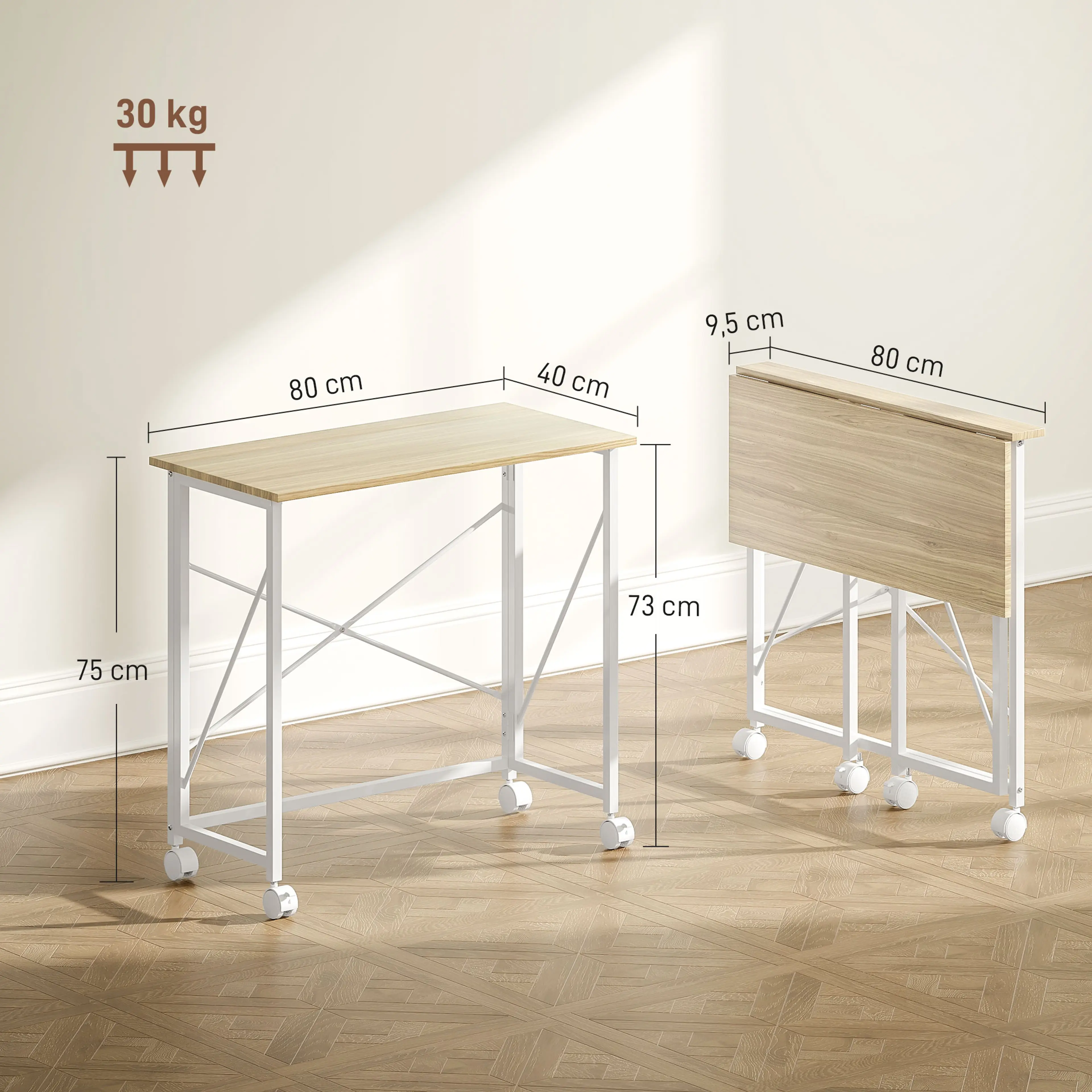 Skrivbordets mått: 80 × 40 cm, 75 cm högt och 9,5 cm hopfällt