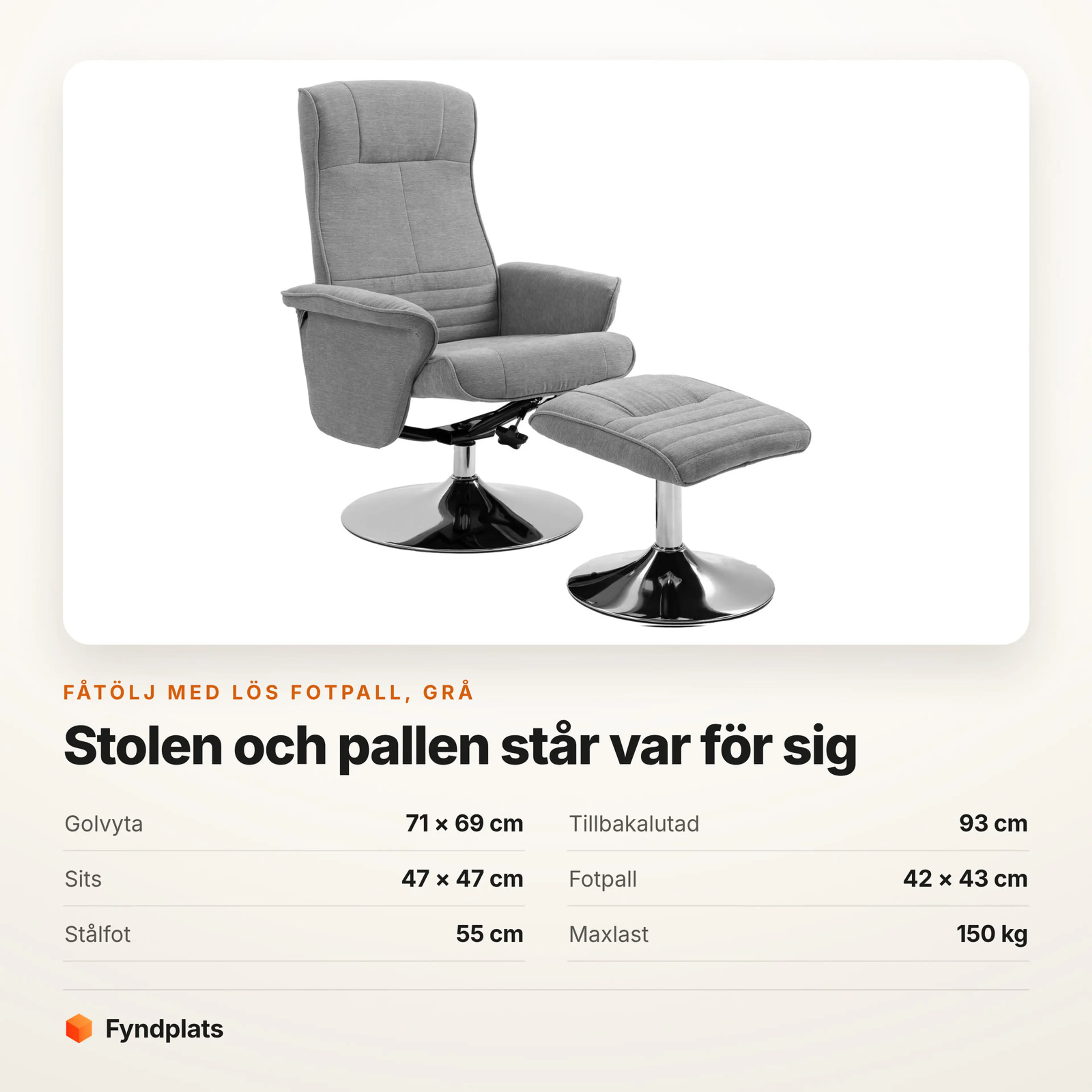 Fåtölj med lös fotpall på rund stålfot, bär 150 kg – Faktakort med mått, fotpallens mått, fotens diameter och maxlast