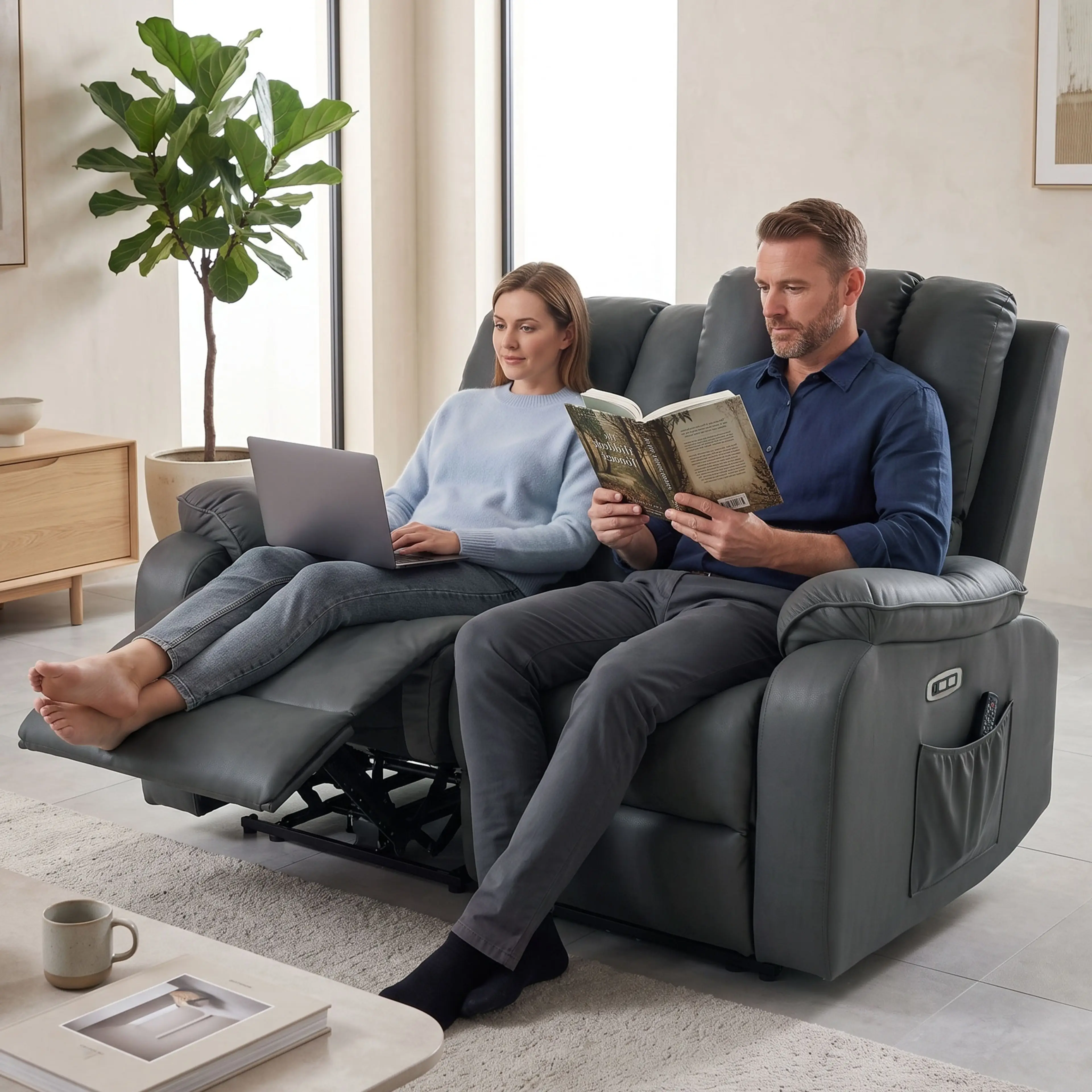 Ett par sitter i soffan, hon med datorn och fötterna uppe och han med en bok