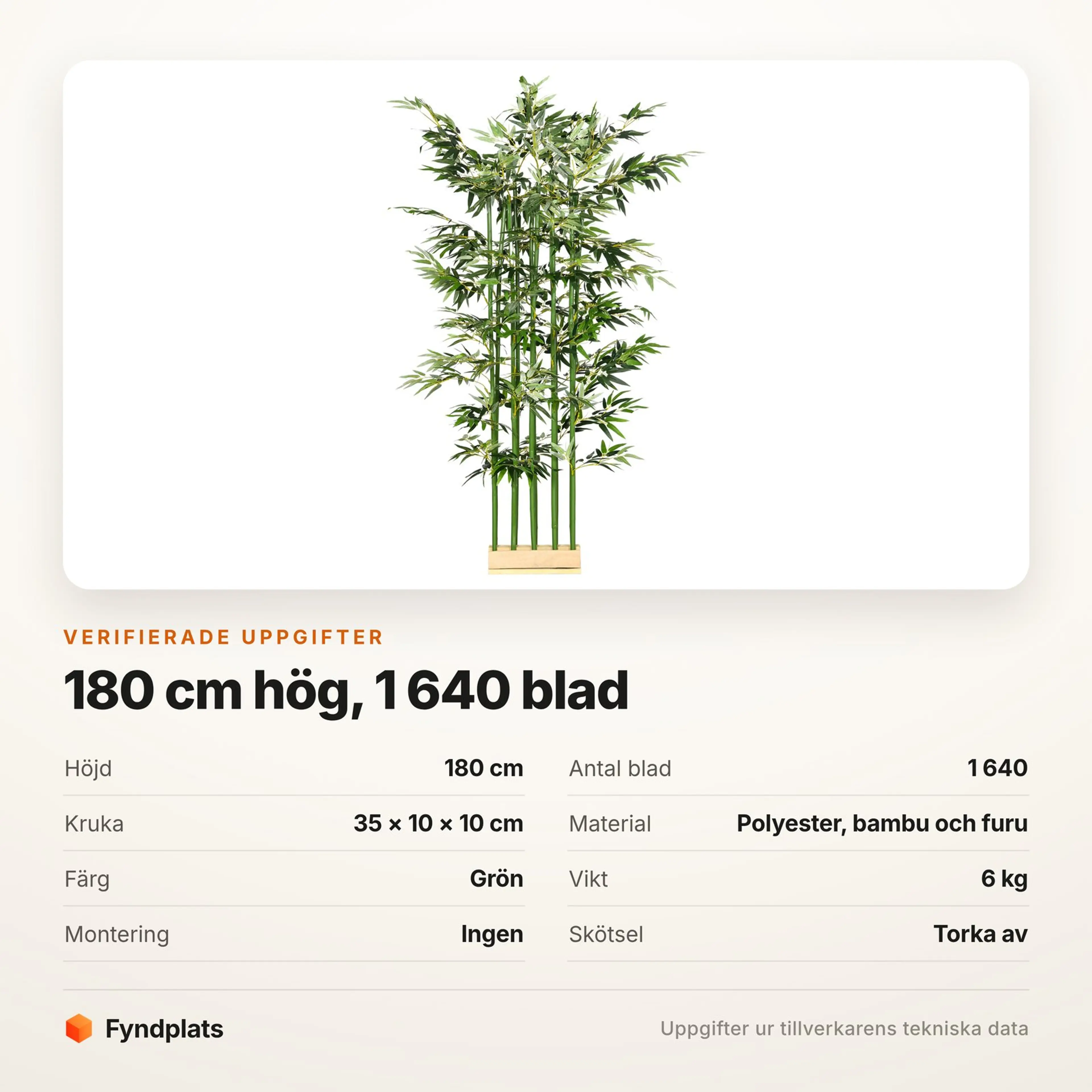 Specifikationer för den konstgjorda bambun: 180 cm hög, 1 640 blad och kruka på 35 × 10 cm