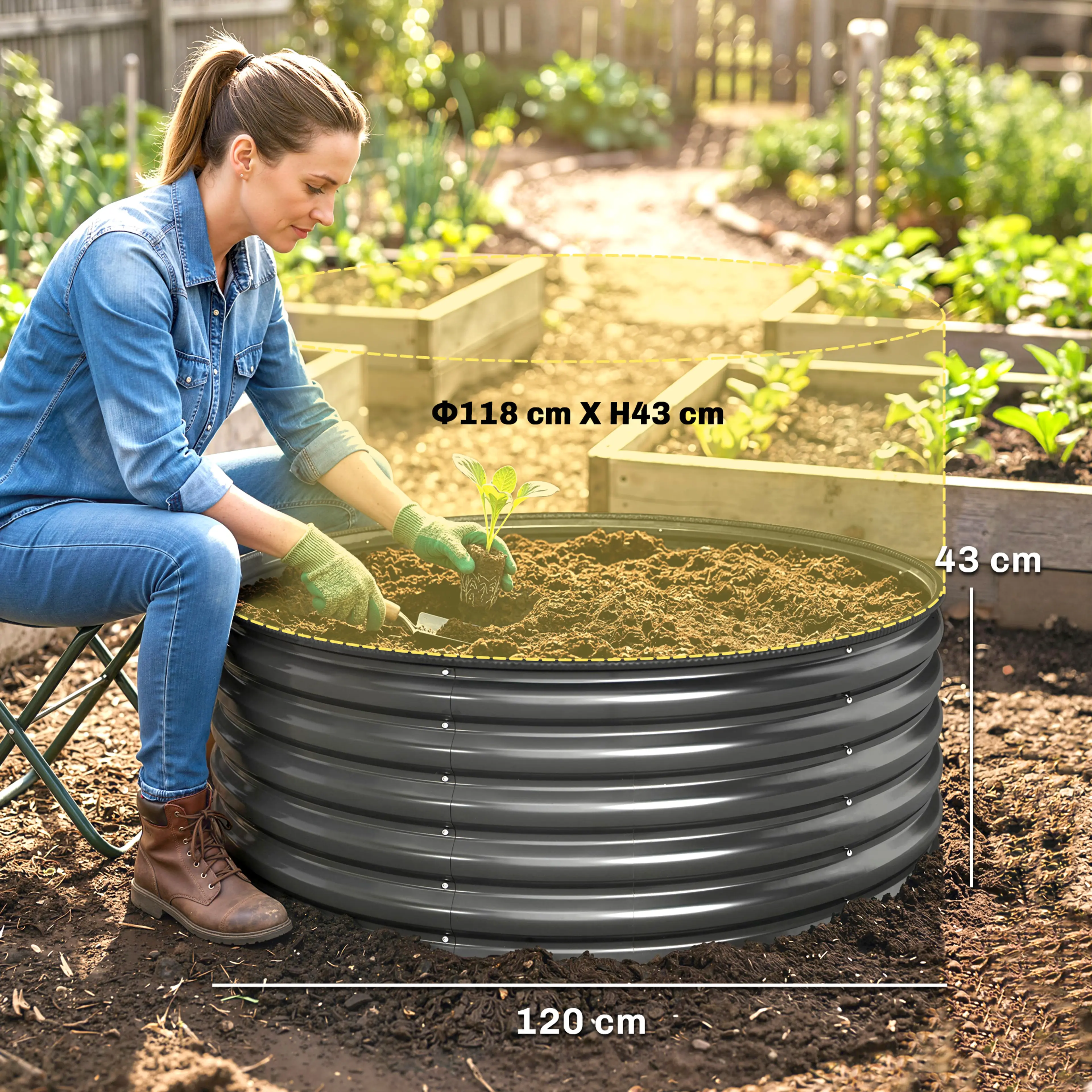 Måttritning: ytterdiameter 120 cm, innerdiameter 118 cm och 43 cm höjd
