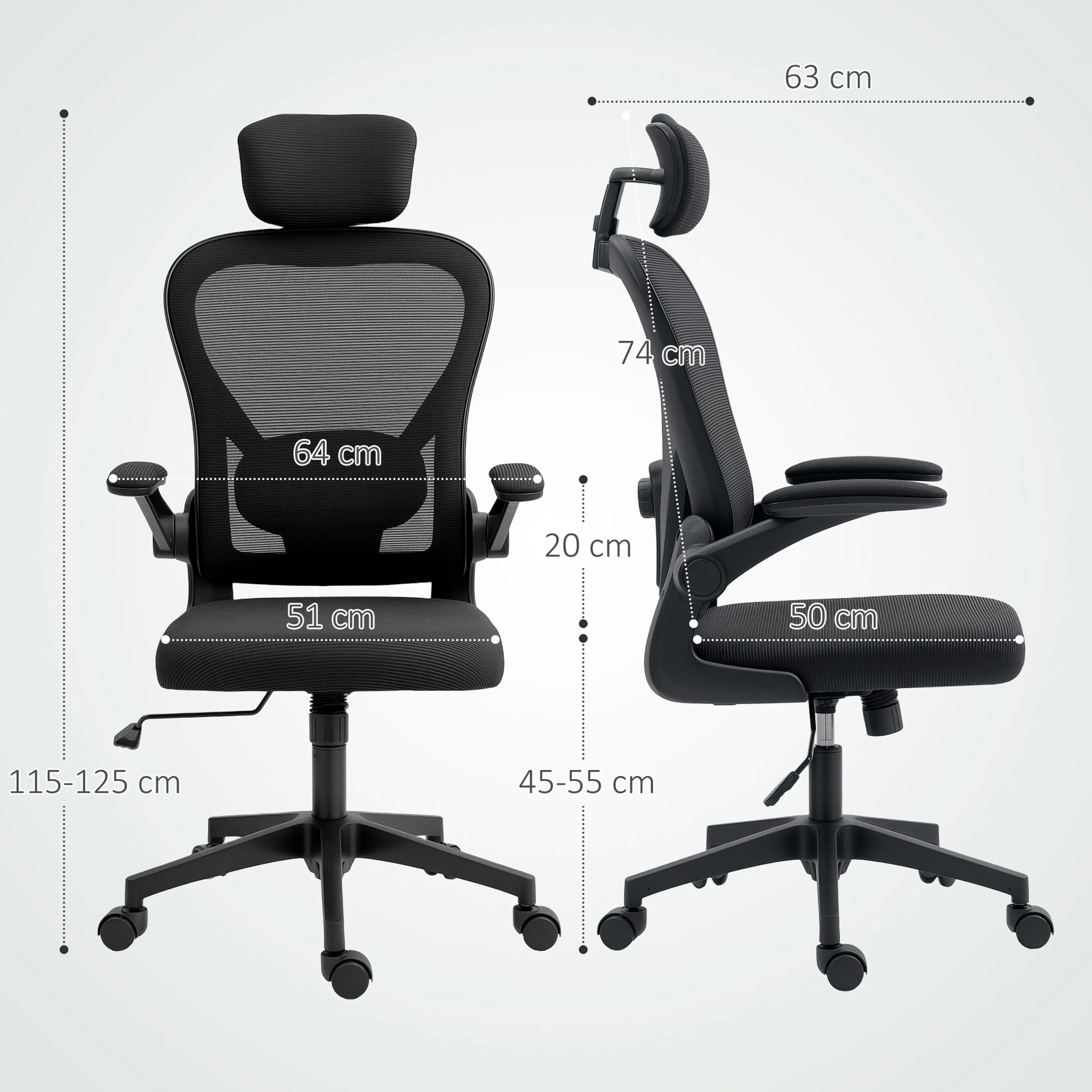 Måttritning med bredd 63 cm, höjd 115–125 cm, sits 51 cm och rygg 64 cm