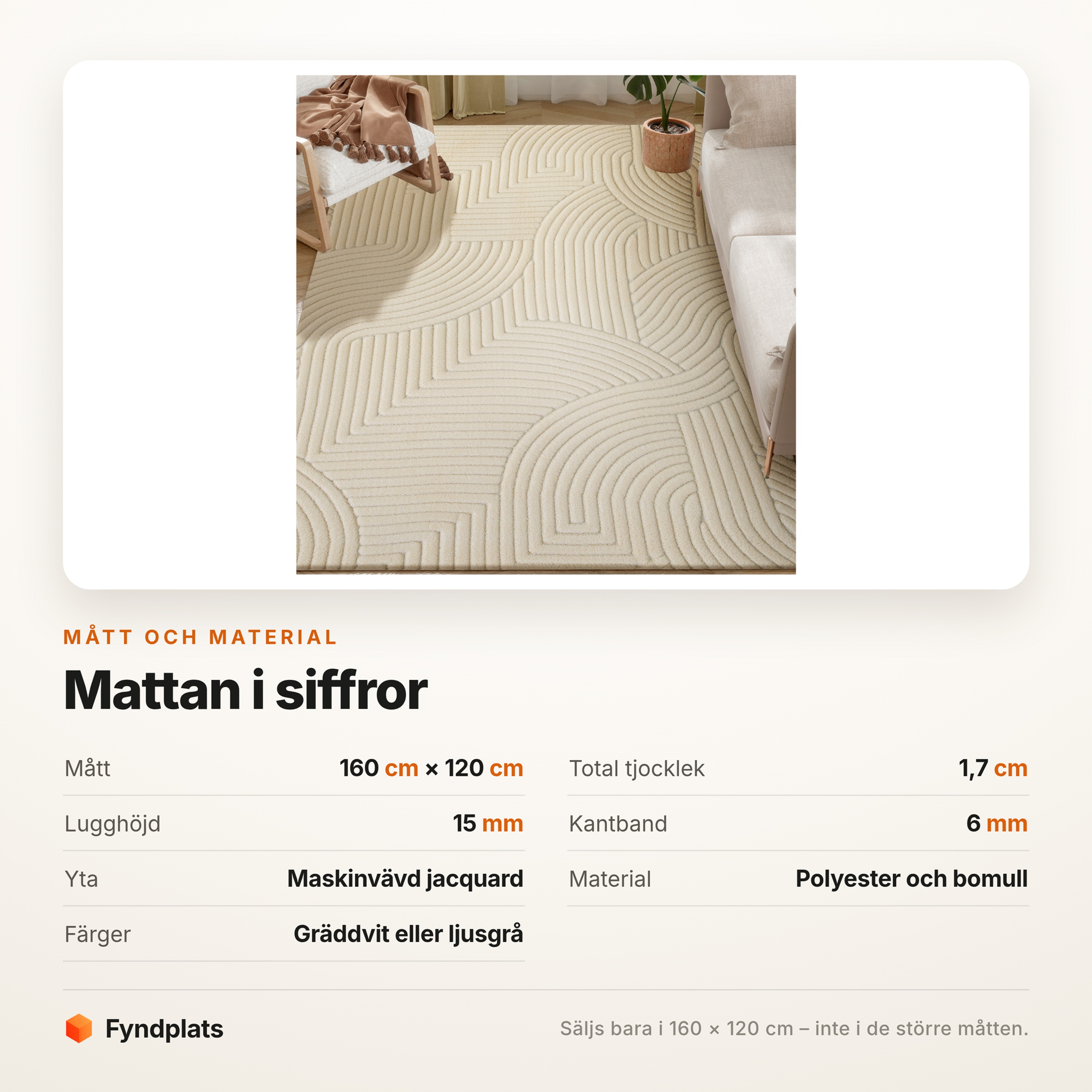Specifikationstabell för mattan: mått, lugghöjd, material och färger