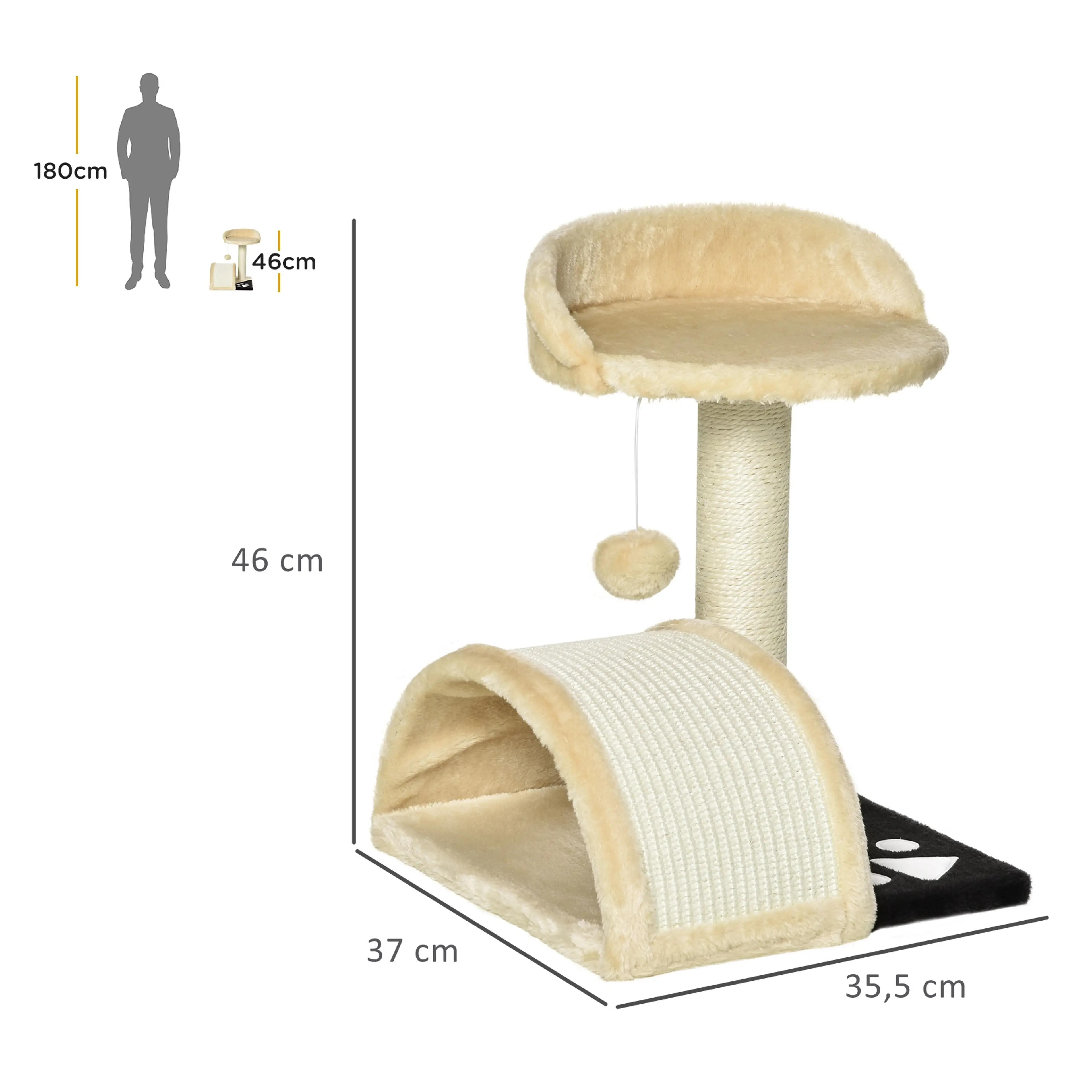 Måttskiss för klösträdet: bas 35,5 × 37 cm och 46 cm höjd, jämfört med en person på 180 cm