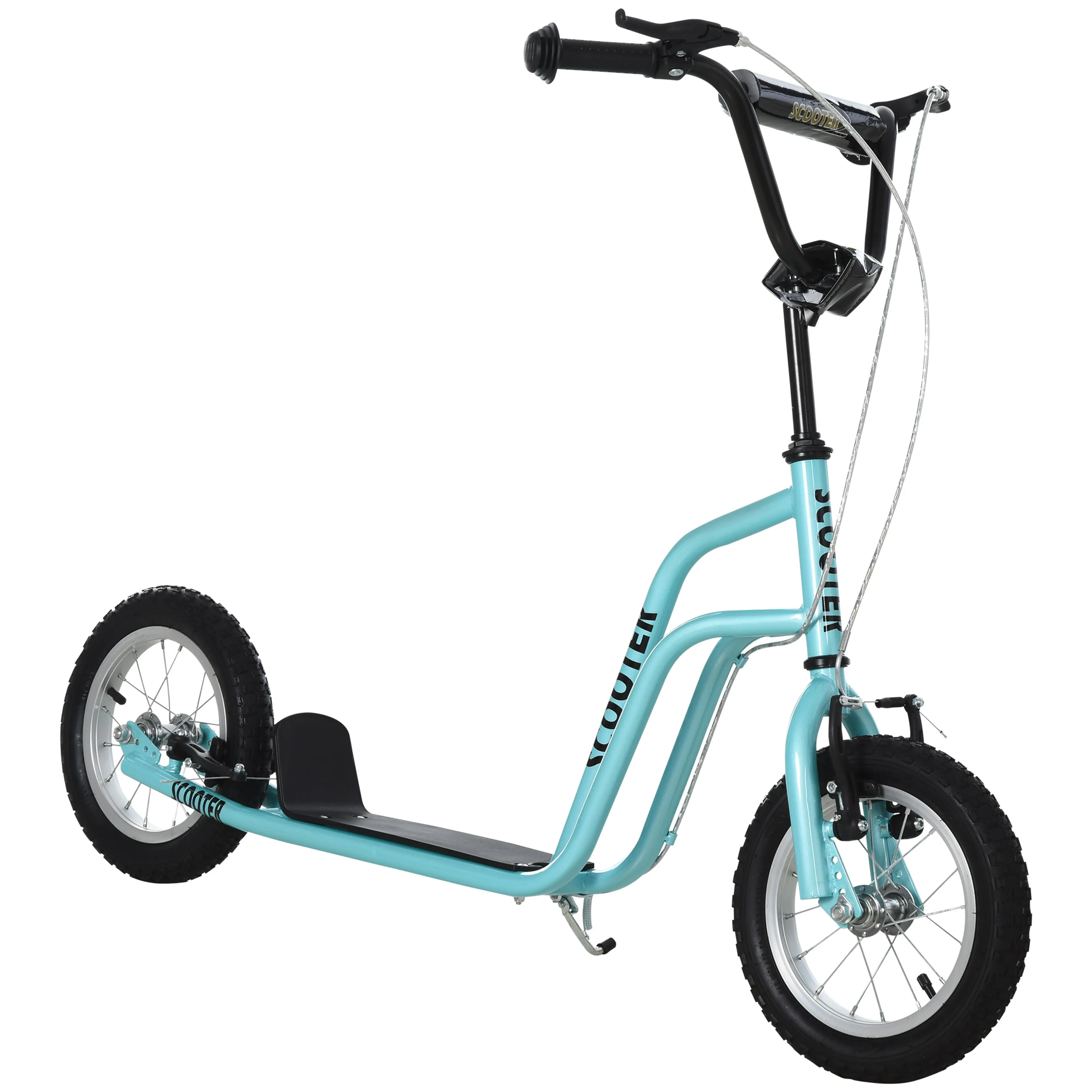 Turkos sparkcykel sedd från sidan med utfällt stöd