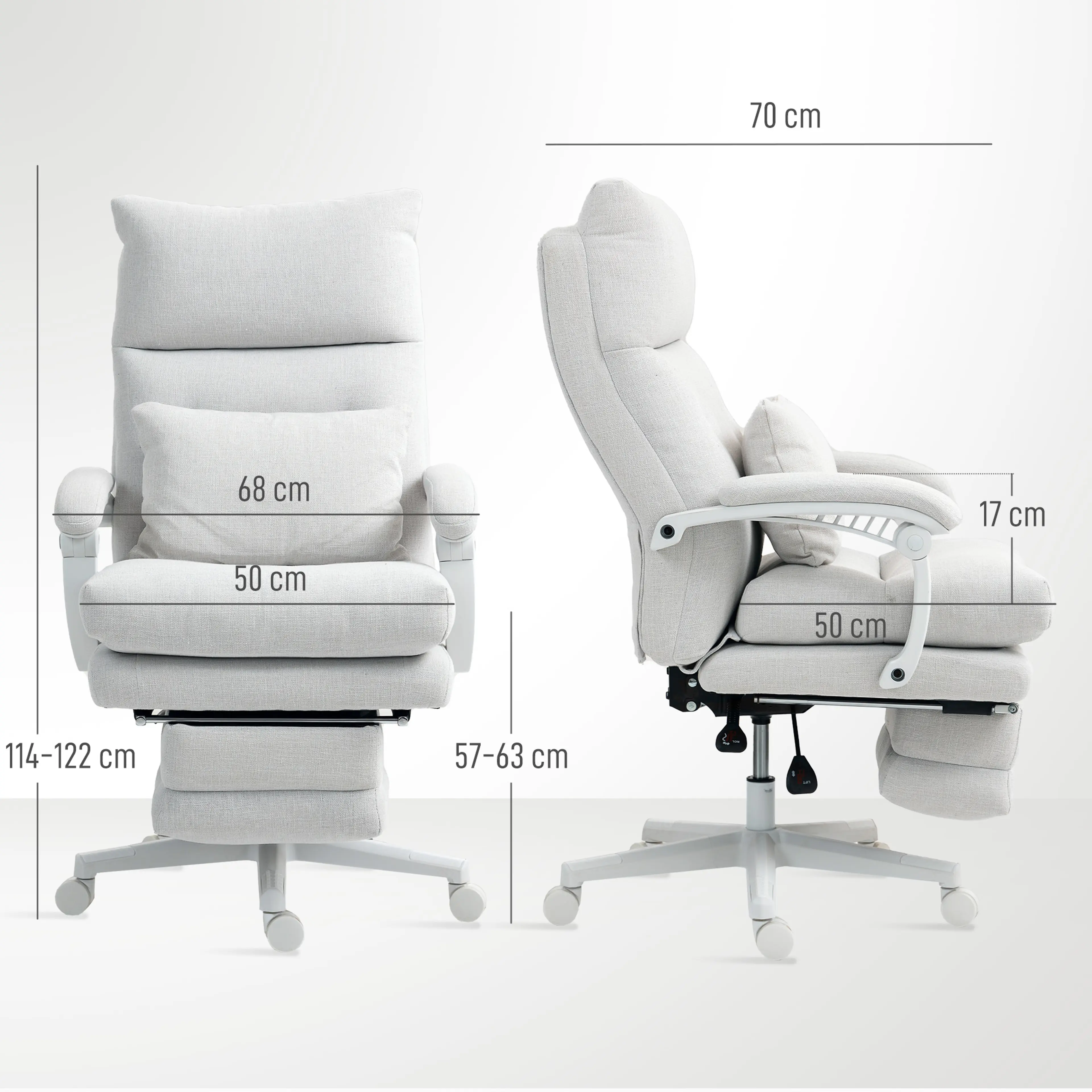 Måttbild: 68 × 70 cm, höjd 114–122 cm, sits 50 × 50 cm och sitthöjd 57–63 cm