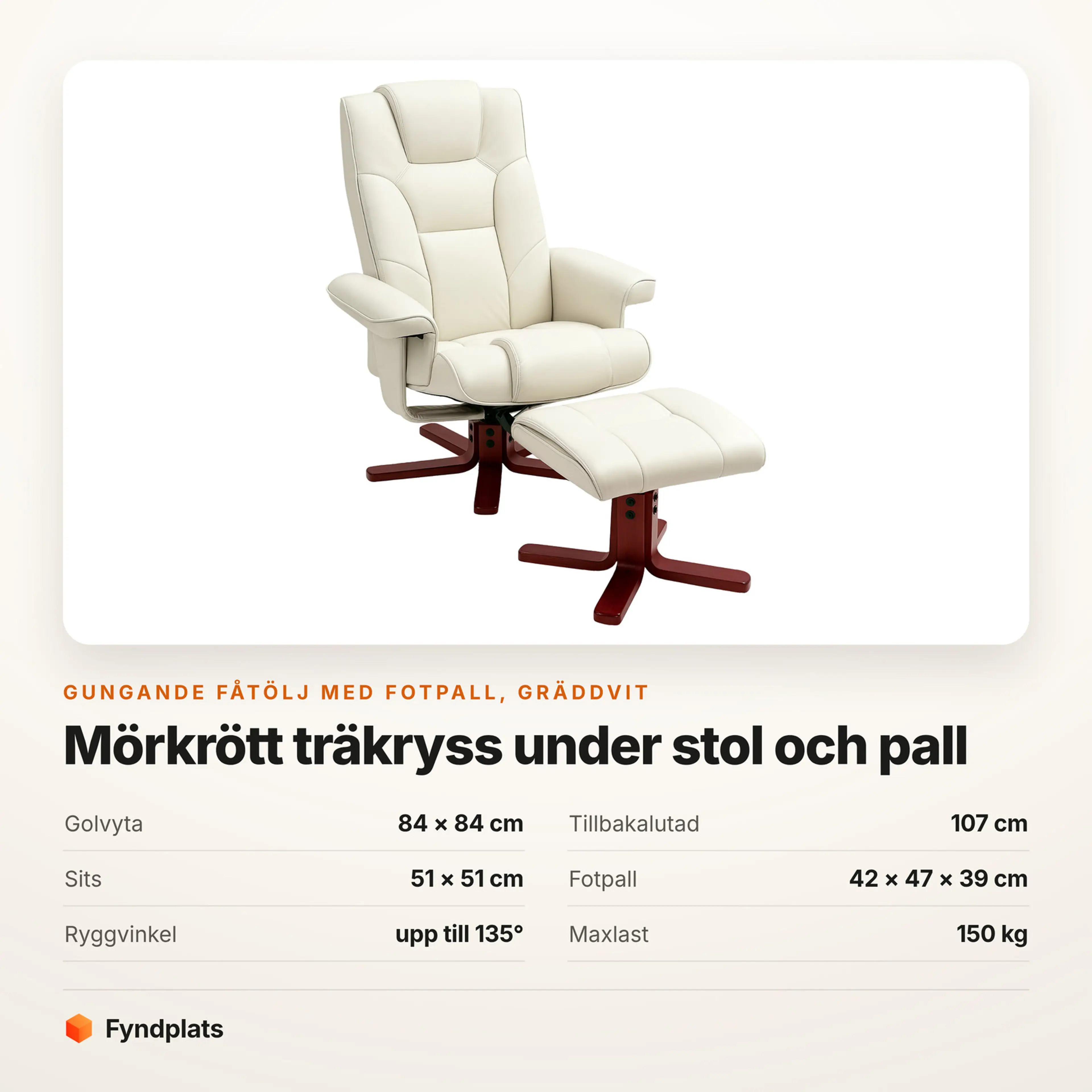 Gungande fåtölj med fotpall, rygg till 135° – Faktakort med mått, fotpallens mått, ryggvinkel och maxlast