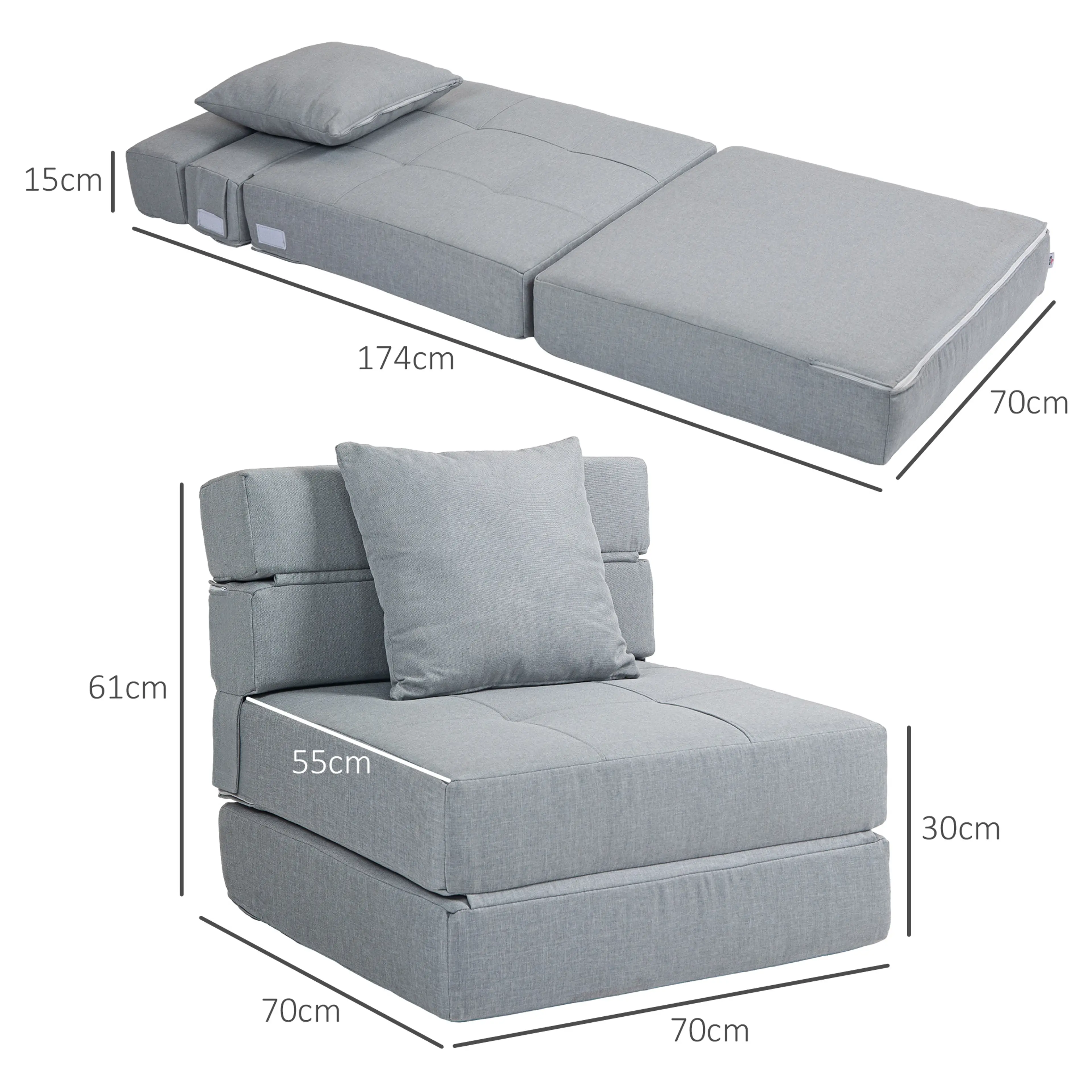 Måttritning: utfälld 174 × 70 × 15 cm och hopvikt 70 × 70 × 61 cm med sittdel 70 × 55 cm