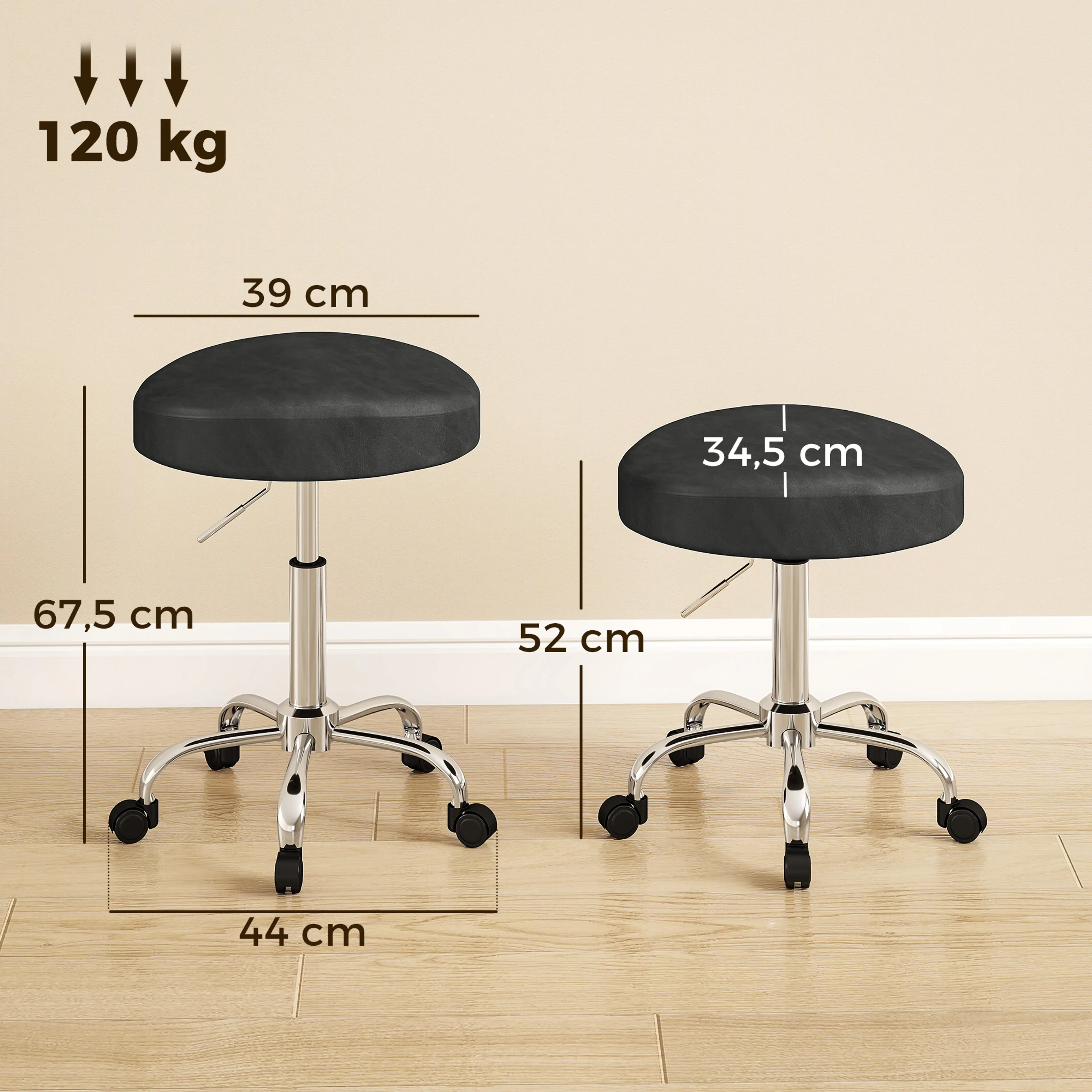 Måttskiss: sitsen är 39 cm bred, höjden 52 till 67,5 cm