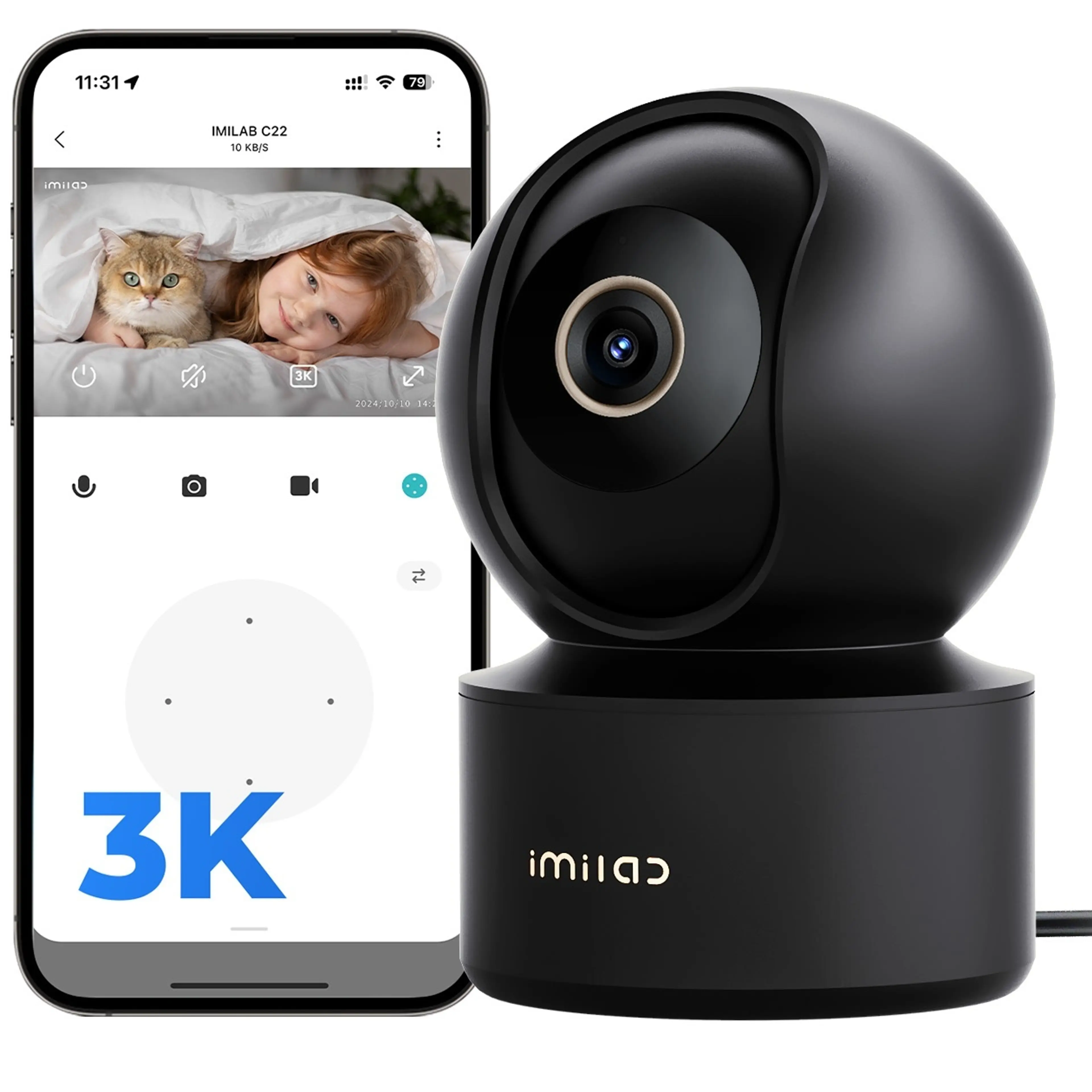 IMILAB C22 i svart bredvid mobilappen som visar 3K-bild från barnrummet