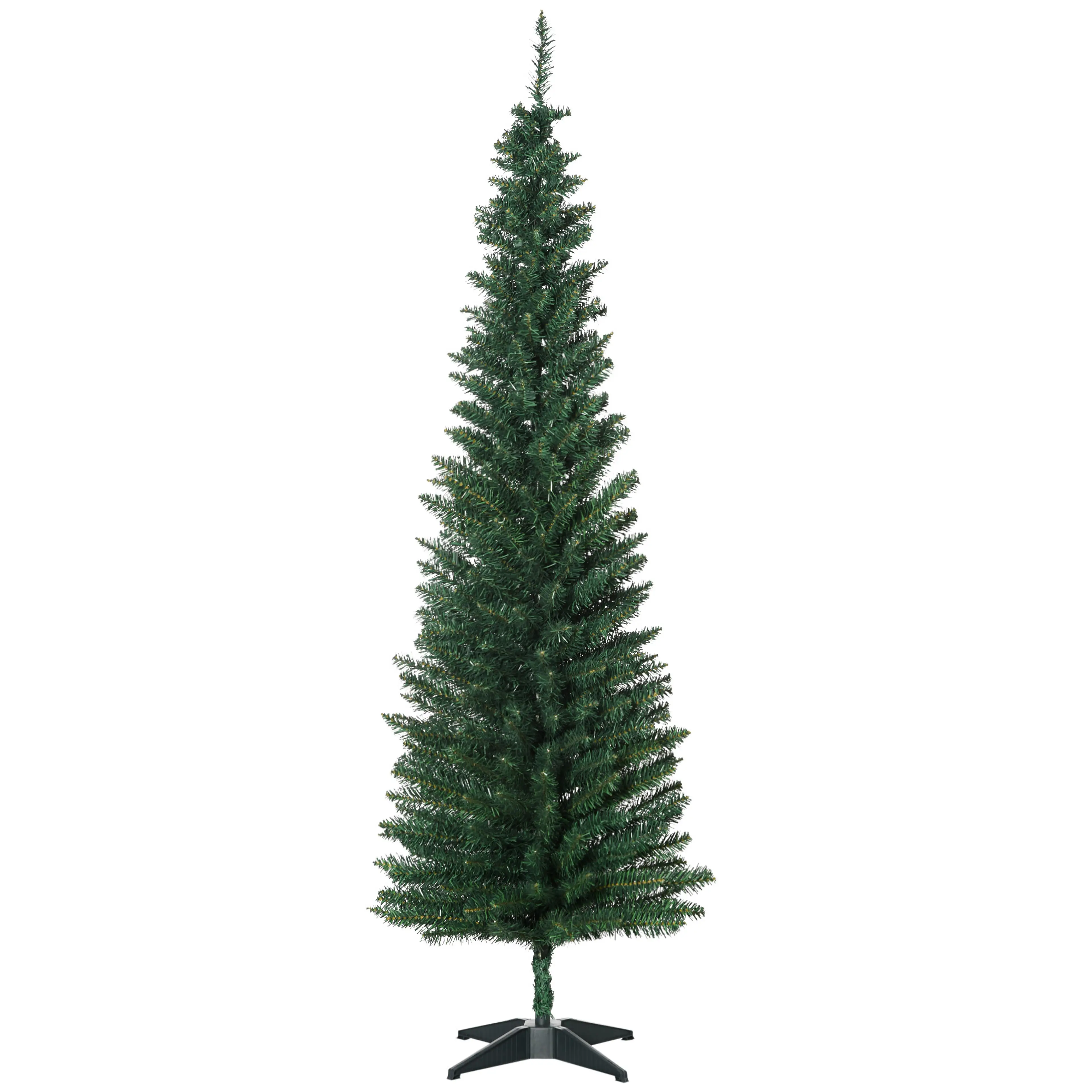 Grön julgran i plast på en mörkgrön fot, på vit bakgrund
