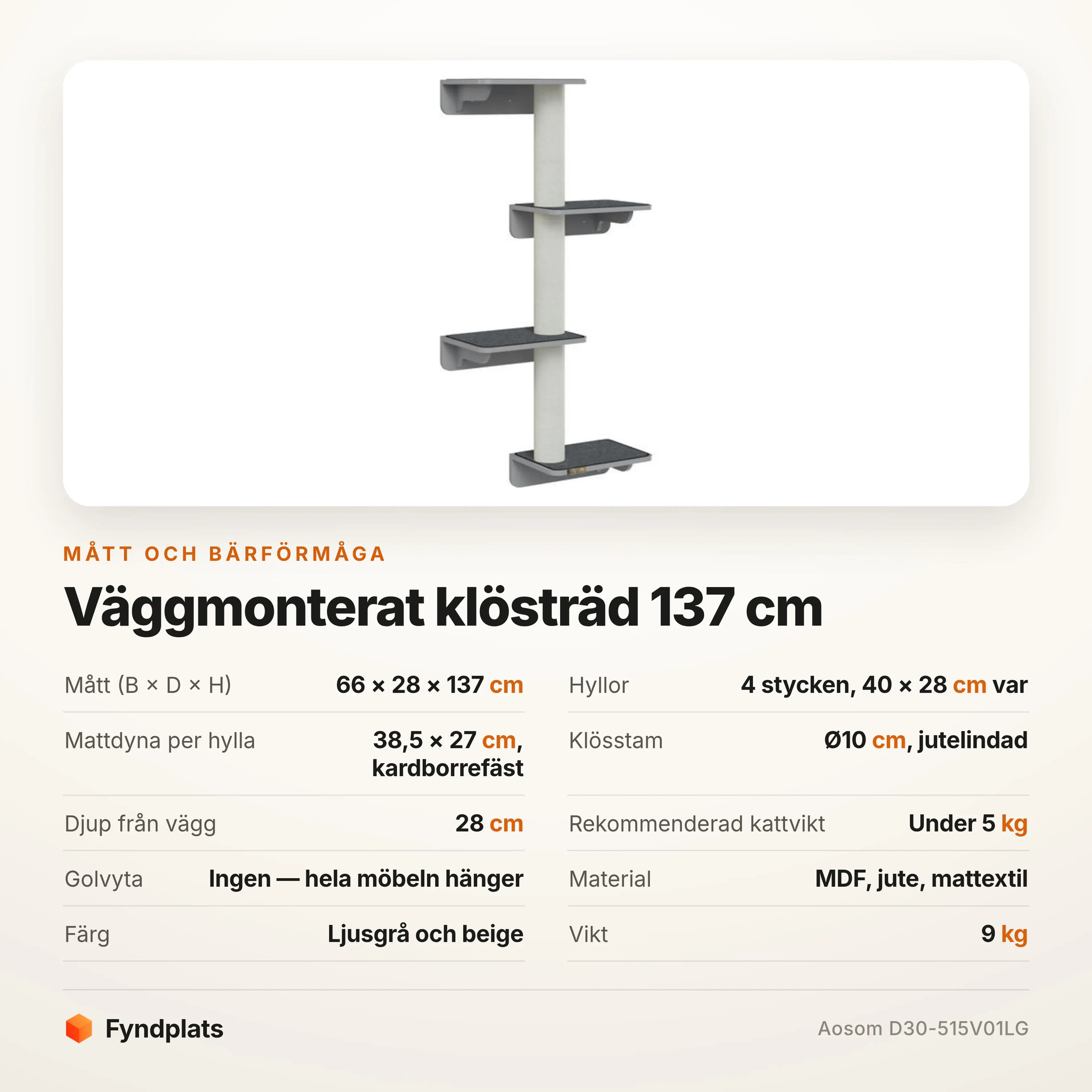 Specifikationskort med hyllmått, stamdiameter och djup från vägg