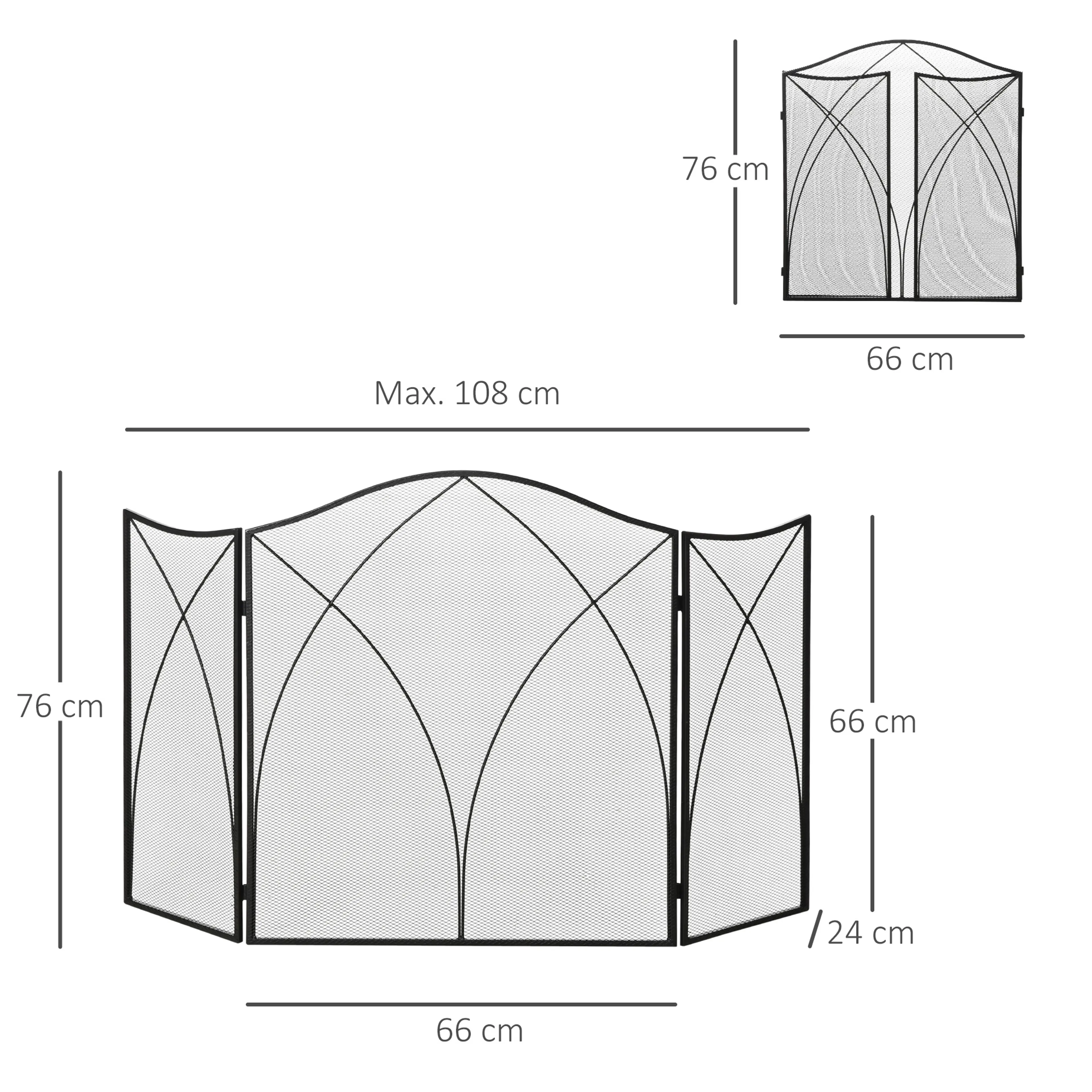 Måttskiss som visar huvudpanel 66 × 76 cm, sidopaneler 24 cm och max 108 cm bredd
