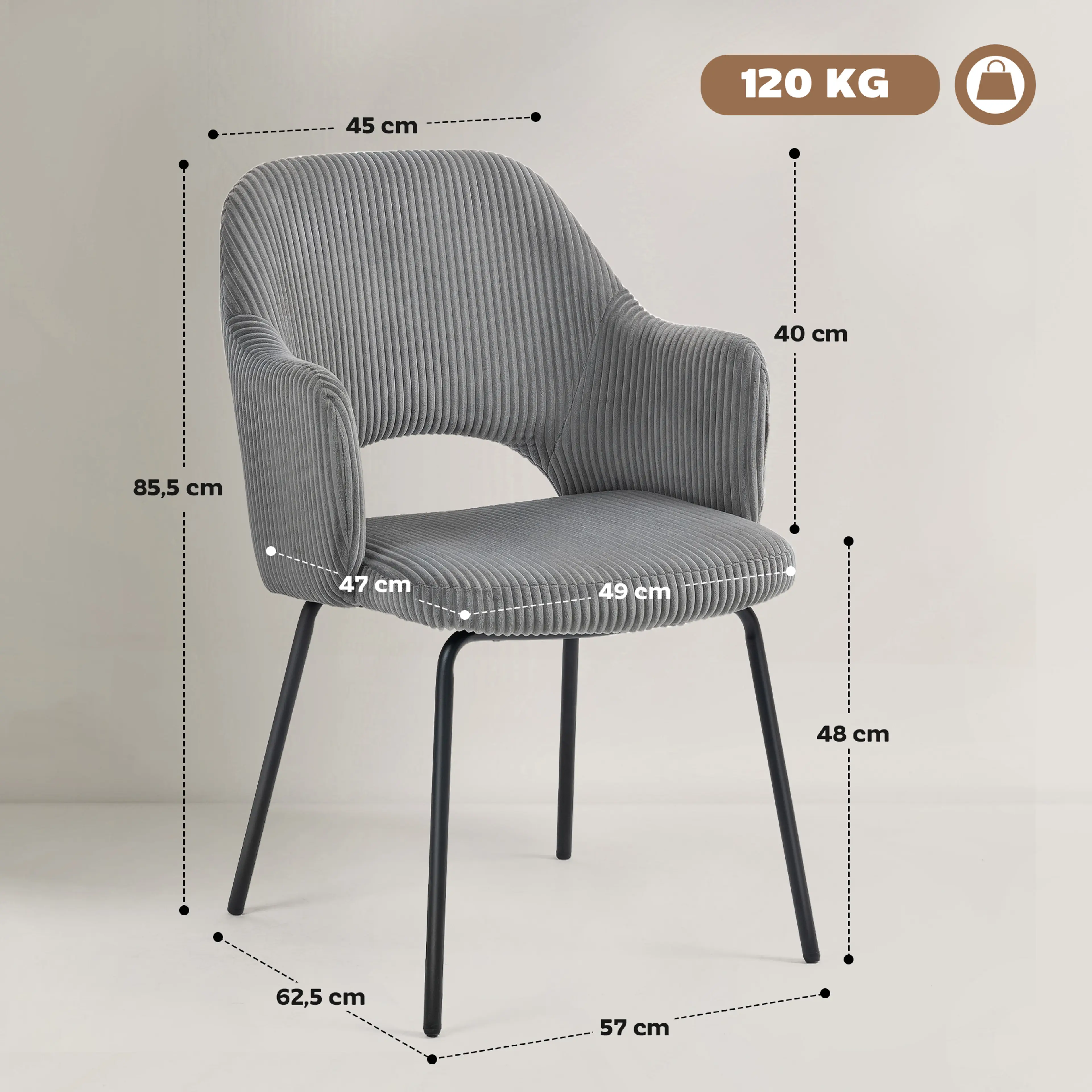 Måttritning för stolen: 57 × 62,5 × 85,5 cm och sitthöjd 48 cm