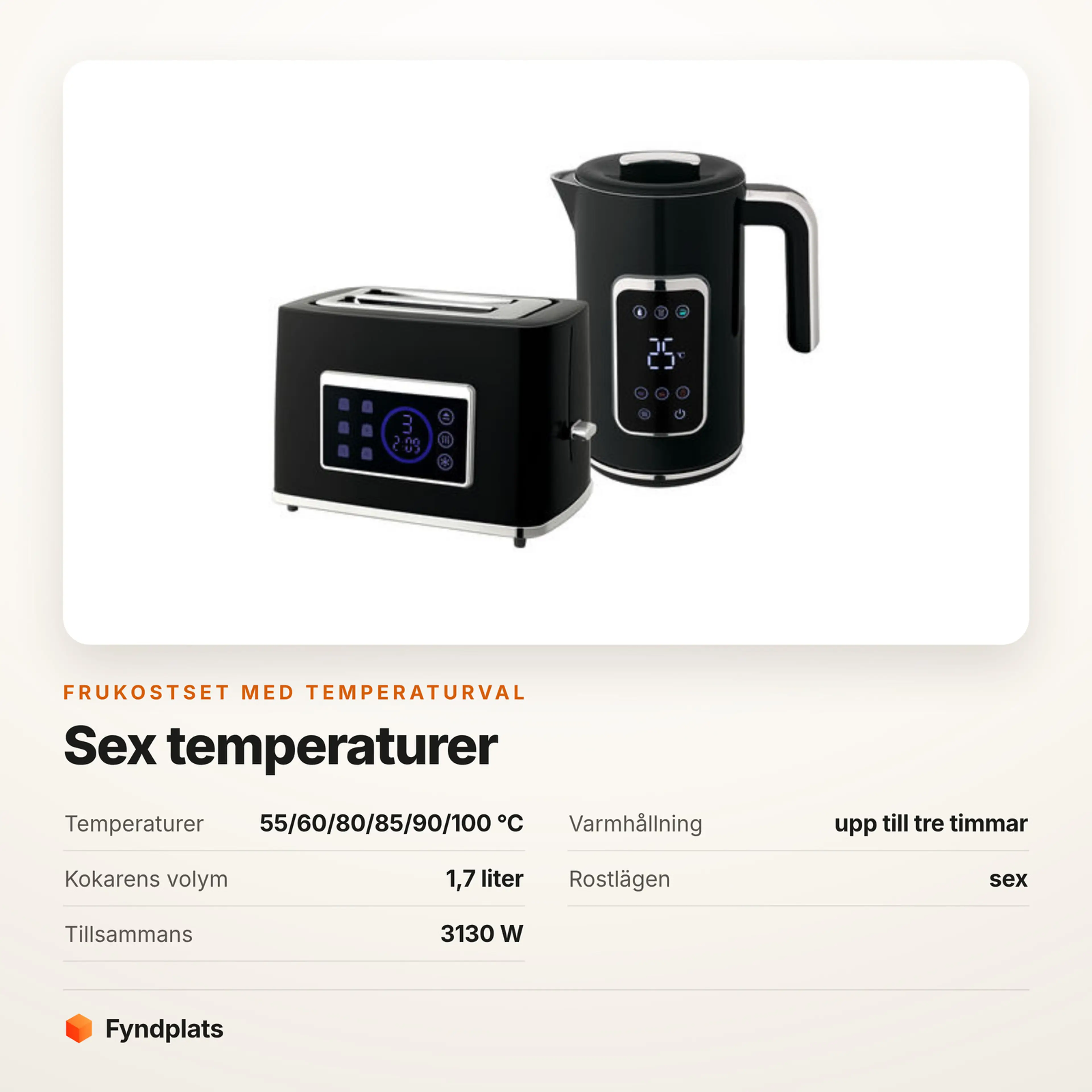 Specifikationer för frukostsetet: sex temperaturer 55/60/80/85/90/100 °C, varmhållning upp till tre timmar och 3130 W tillsammans