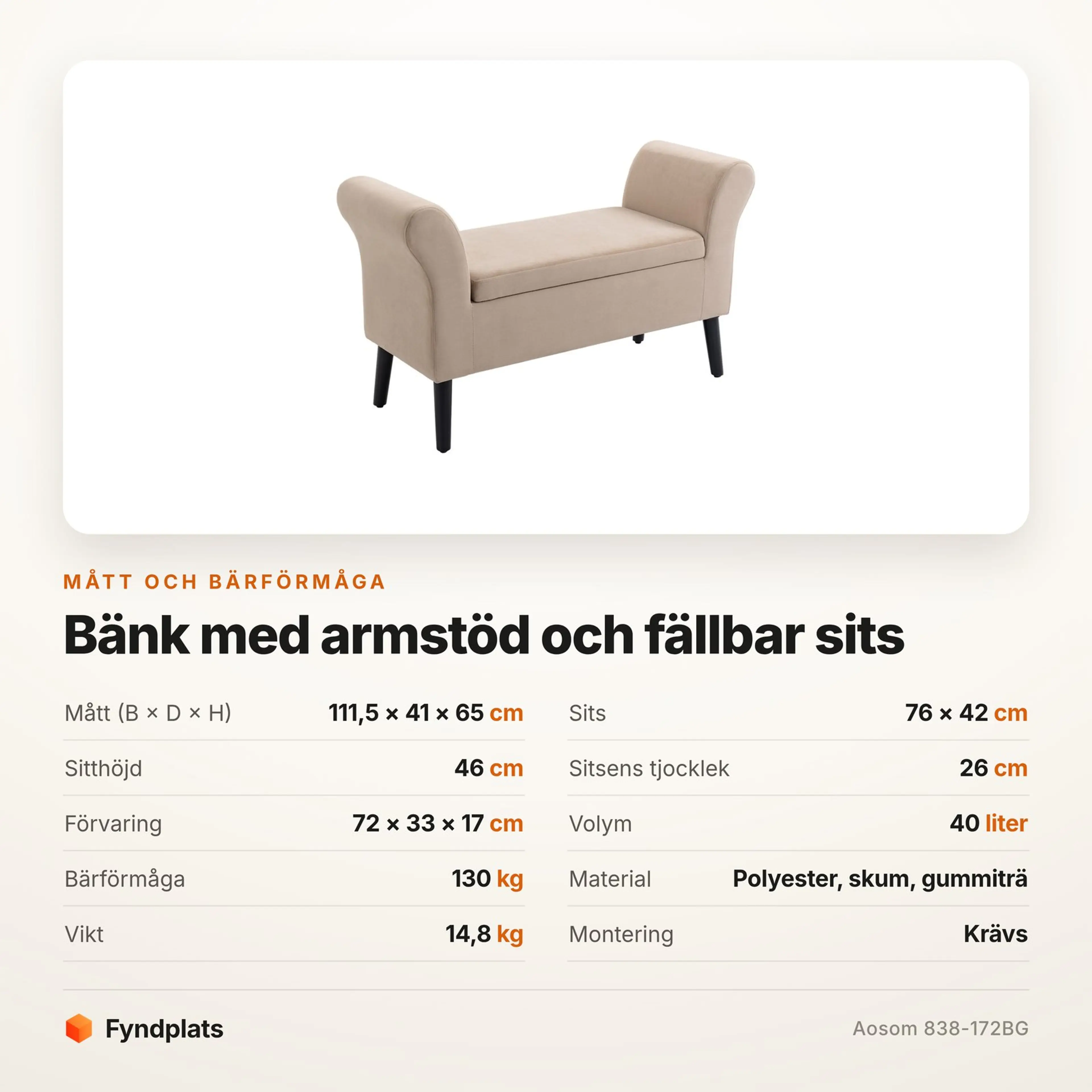 Fyndplats specifikationskort för bänken med mått och bärförmåga