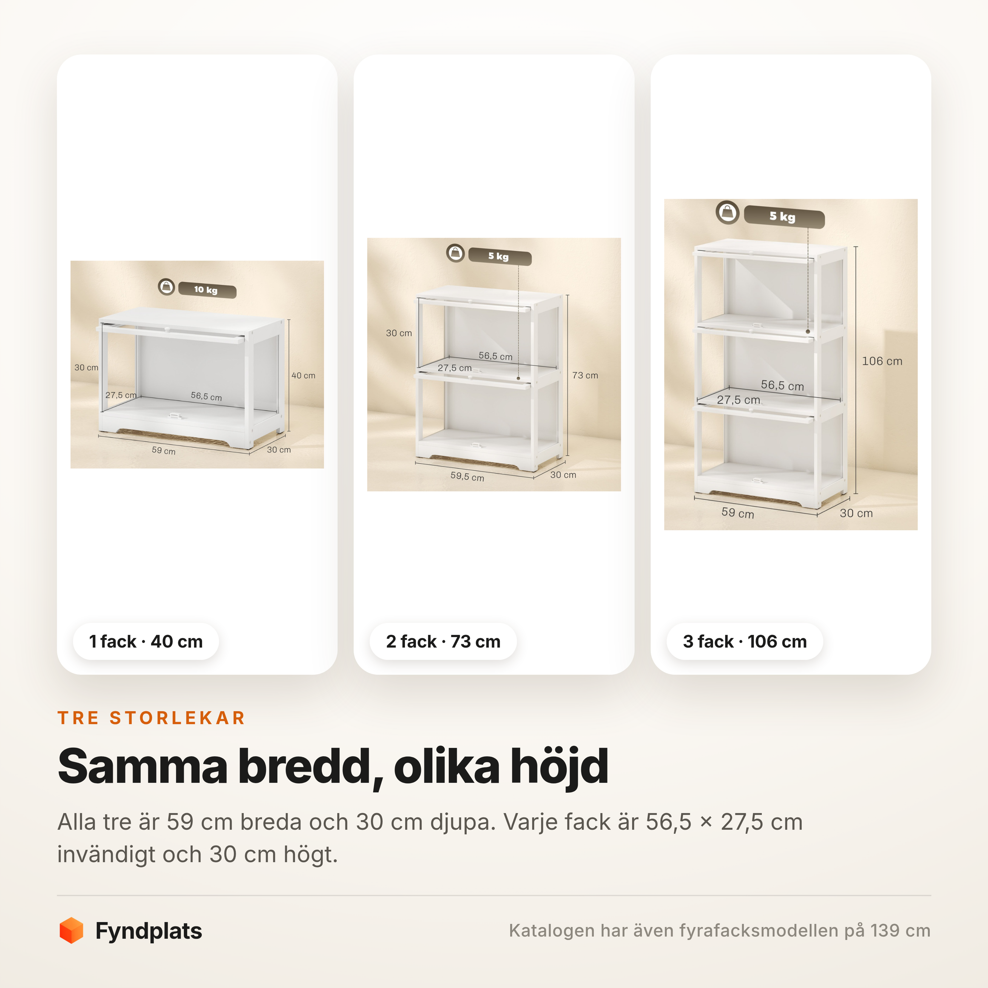 Jämförelsekort över vitrinens tre storlekar: 40, 73 och 106 cm
