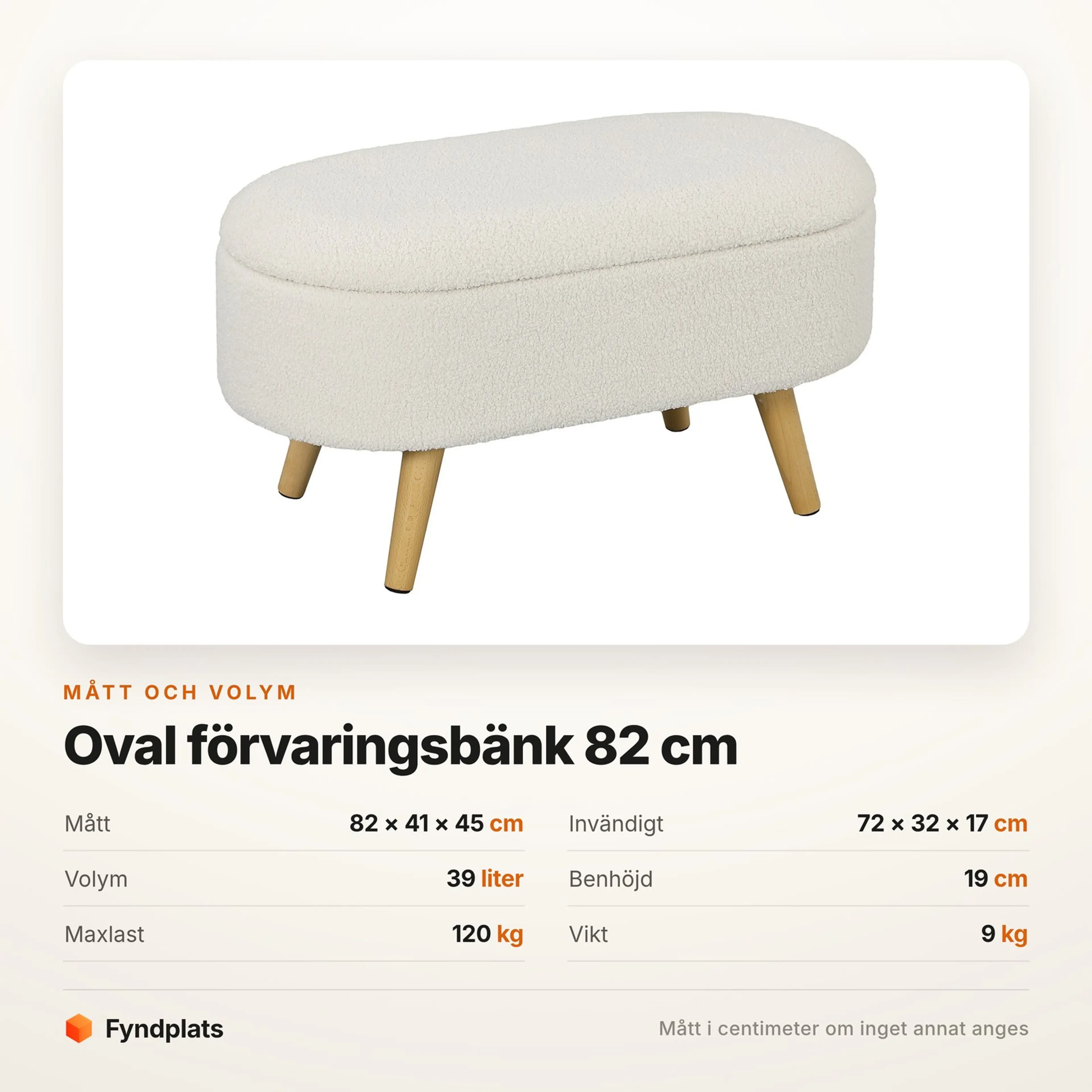 Faktakort: bänken 82 × 41 × 45 cm med 39 liter och 120 kg maxlast