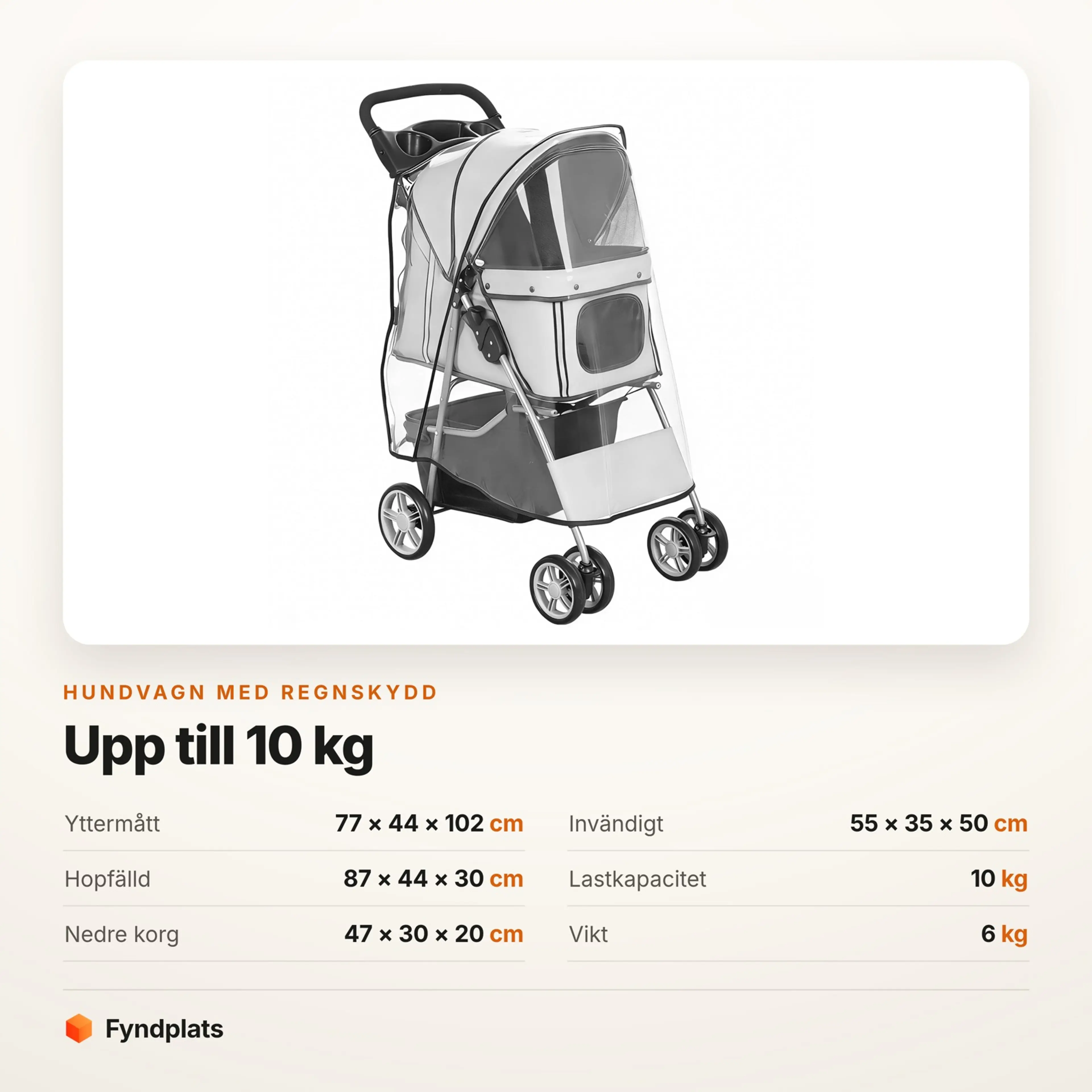 Fyndplats-kort med mått och vikt för hundvagnen med regnskydd
