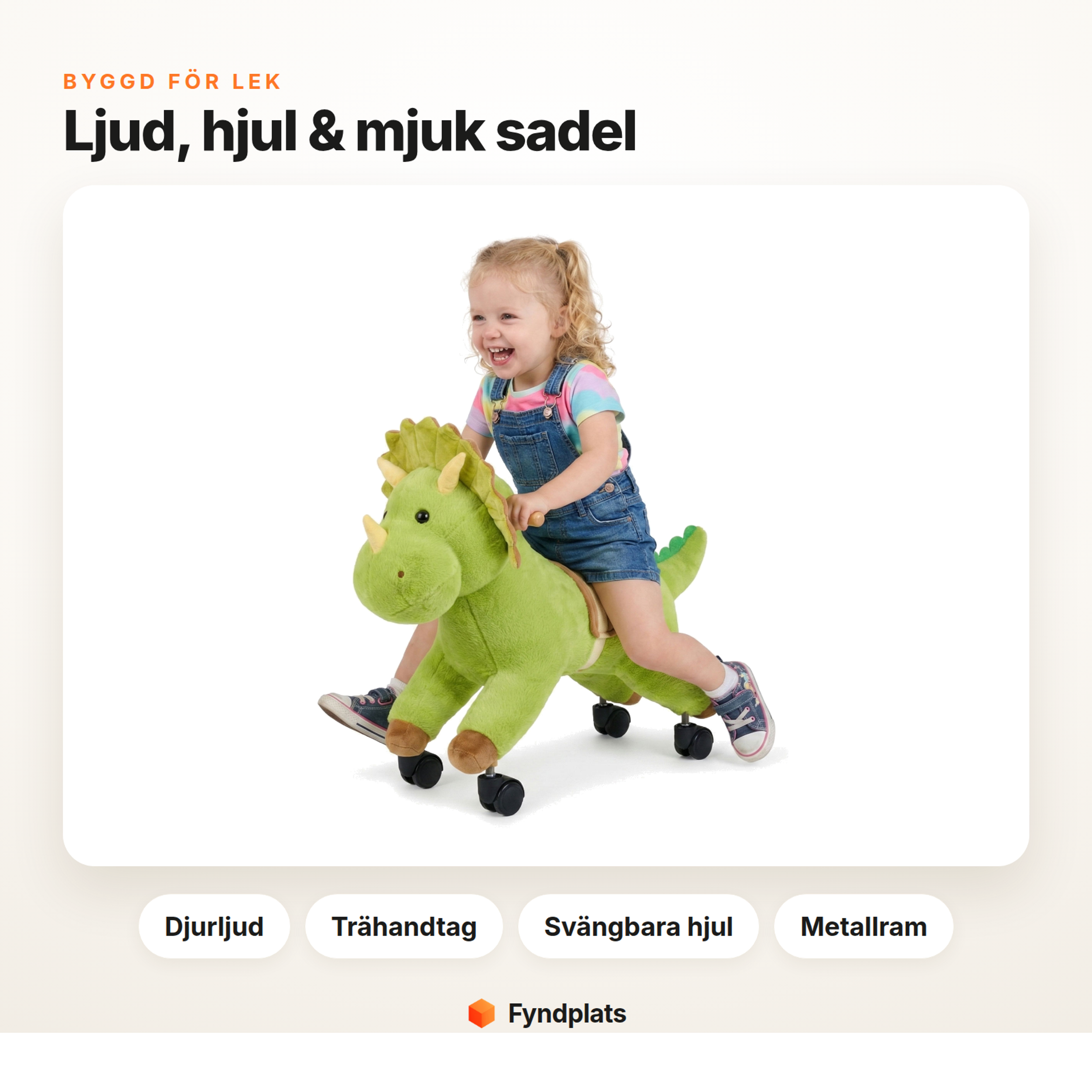 Djurljud, trähandtag, svängbara hjul och metallram