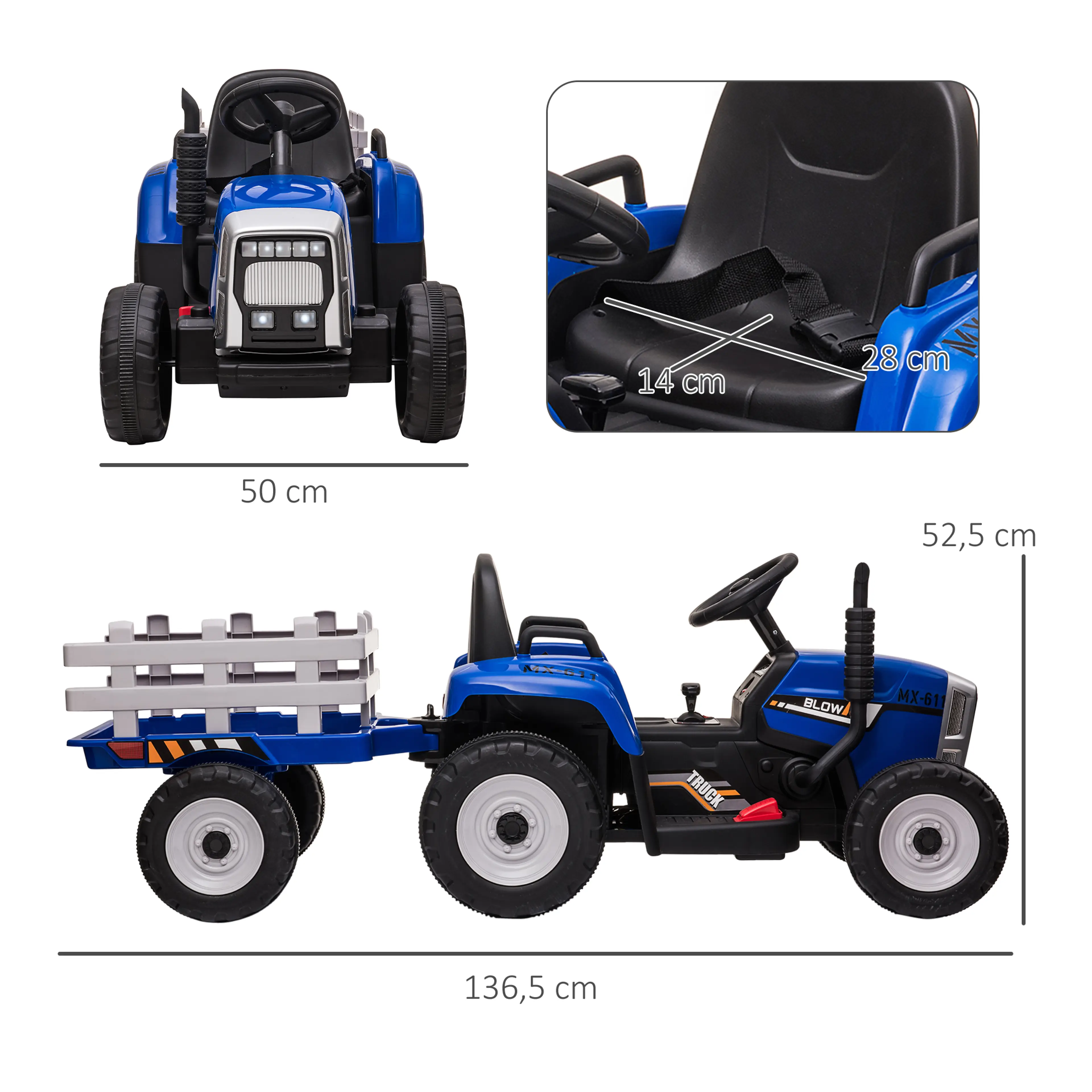 Måttskiss över eltraktor för barn med släp: 136,5 × 50 × 52,5 cm