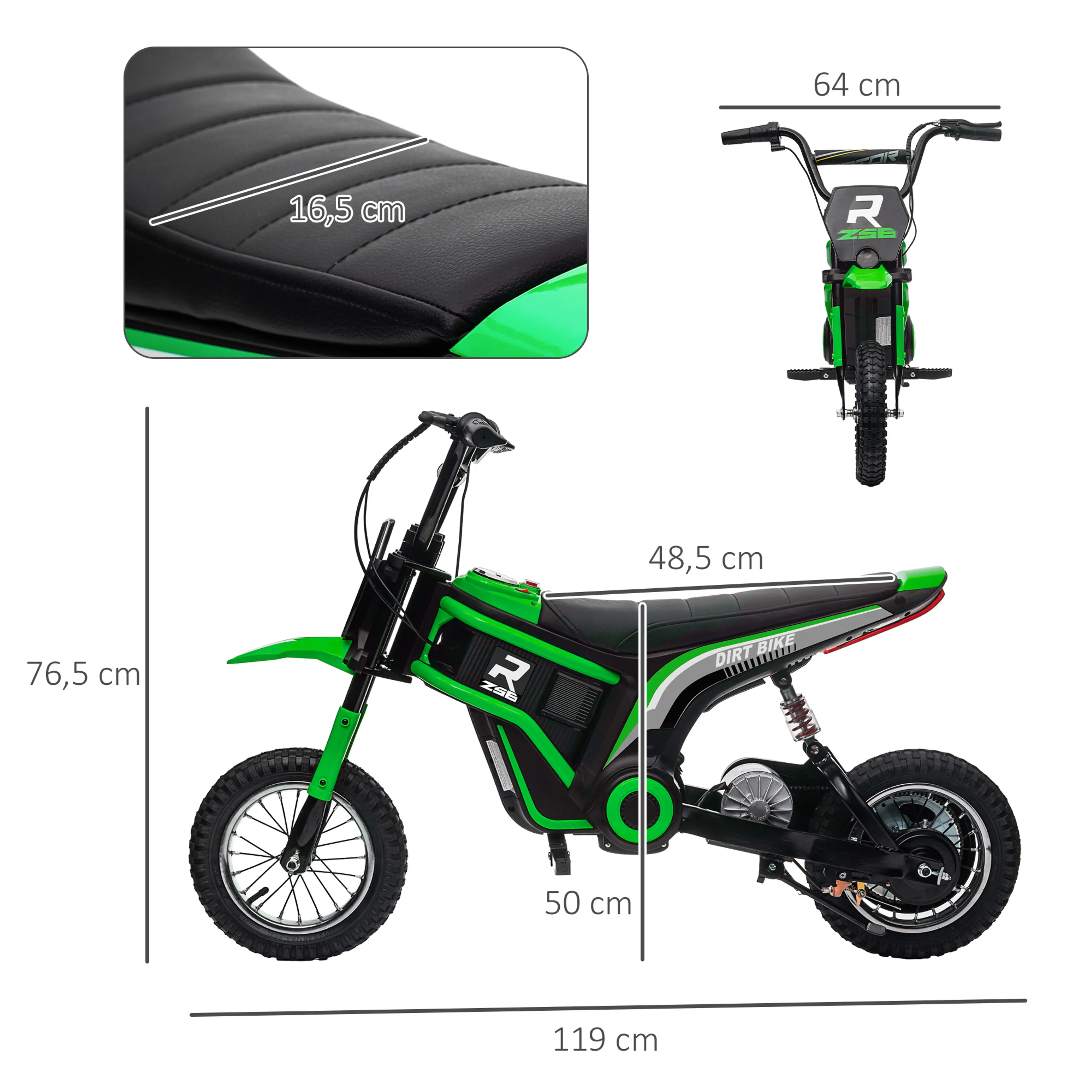 Måttskiss på motorcykeln med 119 cm längd, 64 cm bredd, 76,5 cm höjd och sitsen 48,5 cm