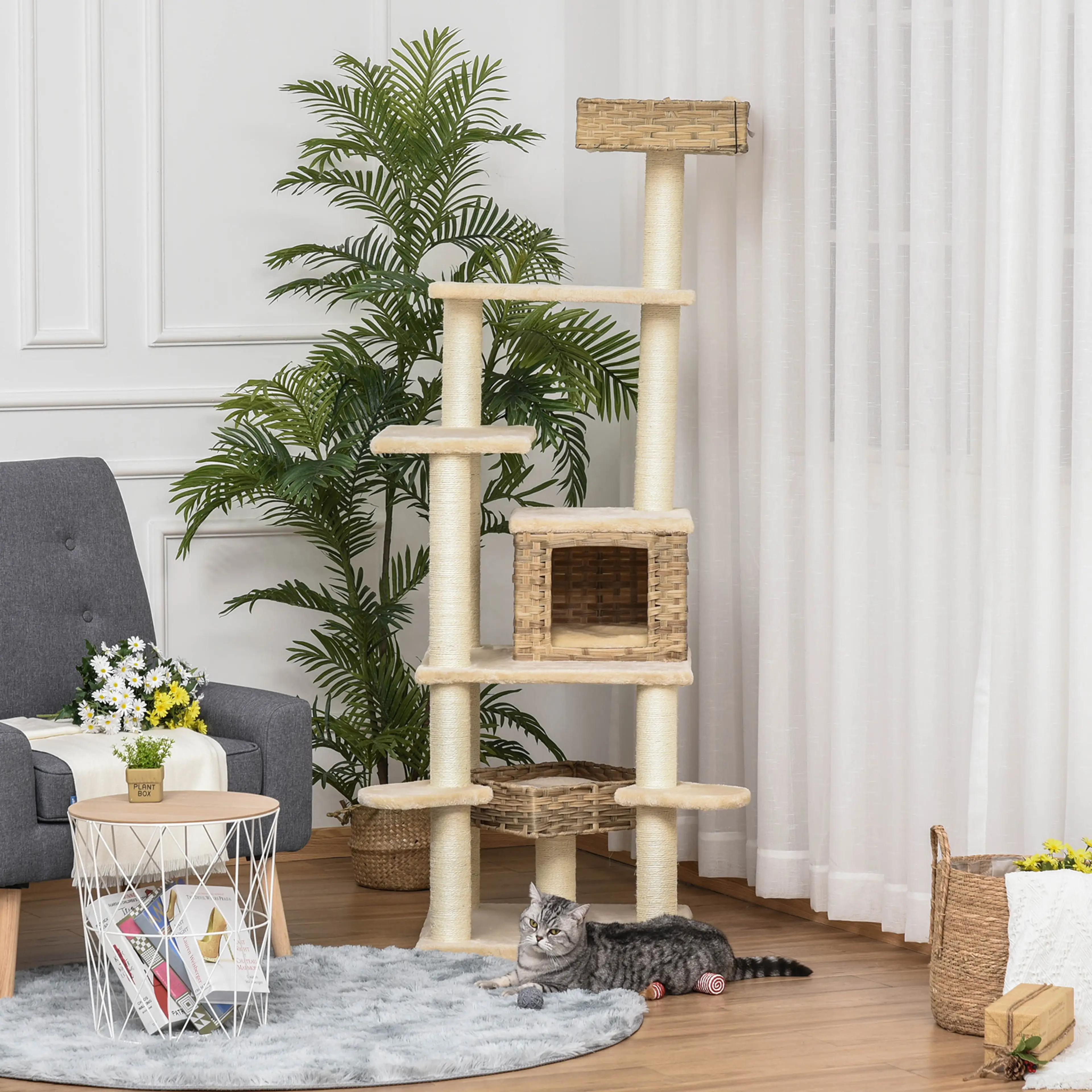 Klösträd i rotting 174 cm – flätad koja, grova sisalpelare och plysch – bild 3