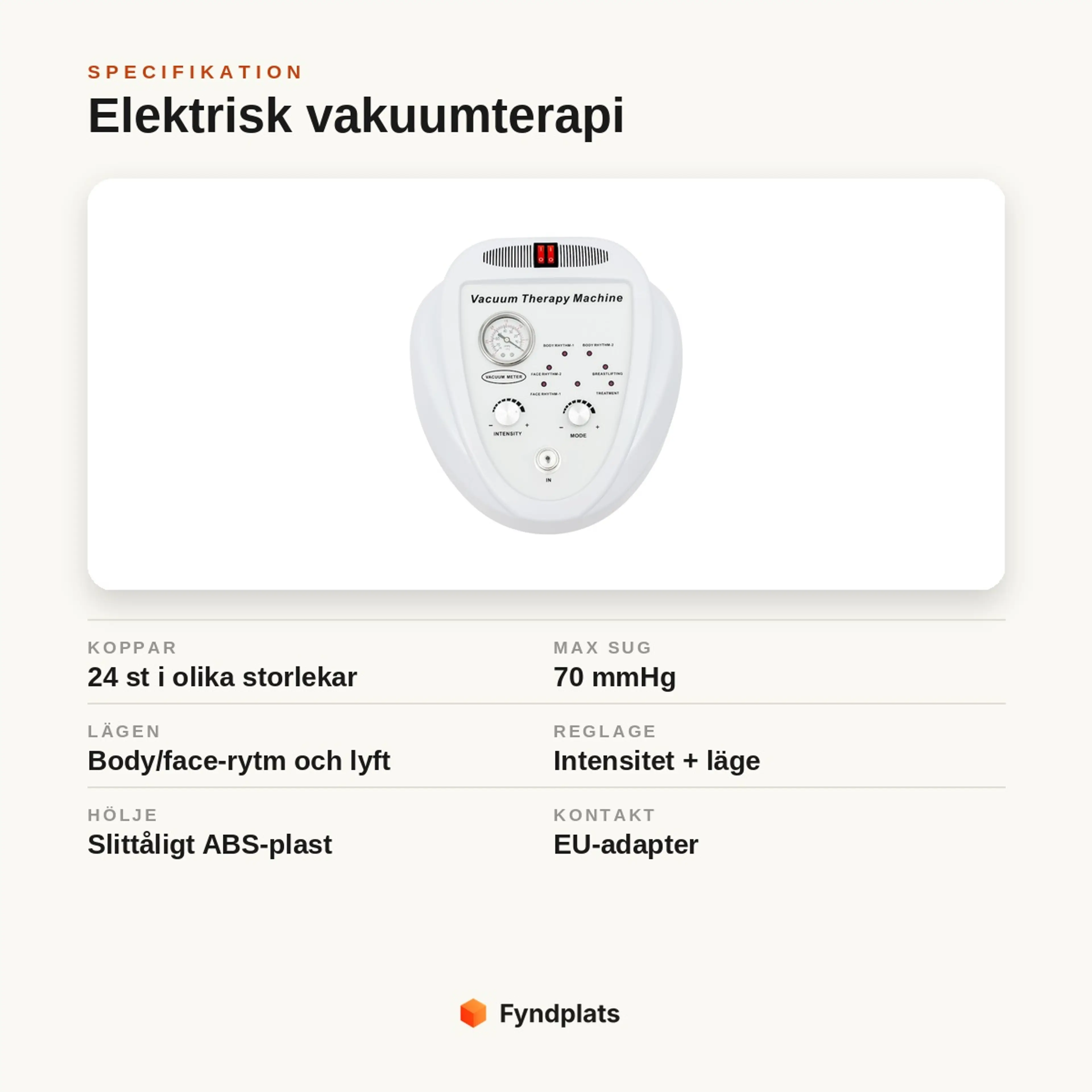 Specifikation: elektrisk vakuumterapi med 24 koppar, 70 mmHg sug, flera lägen och EU-adapter