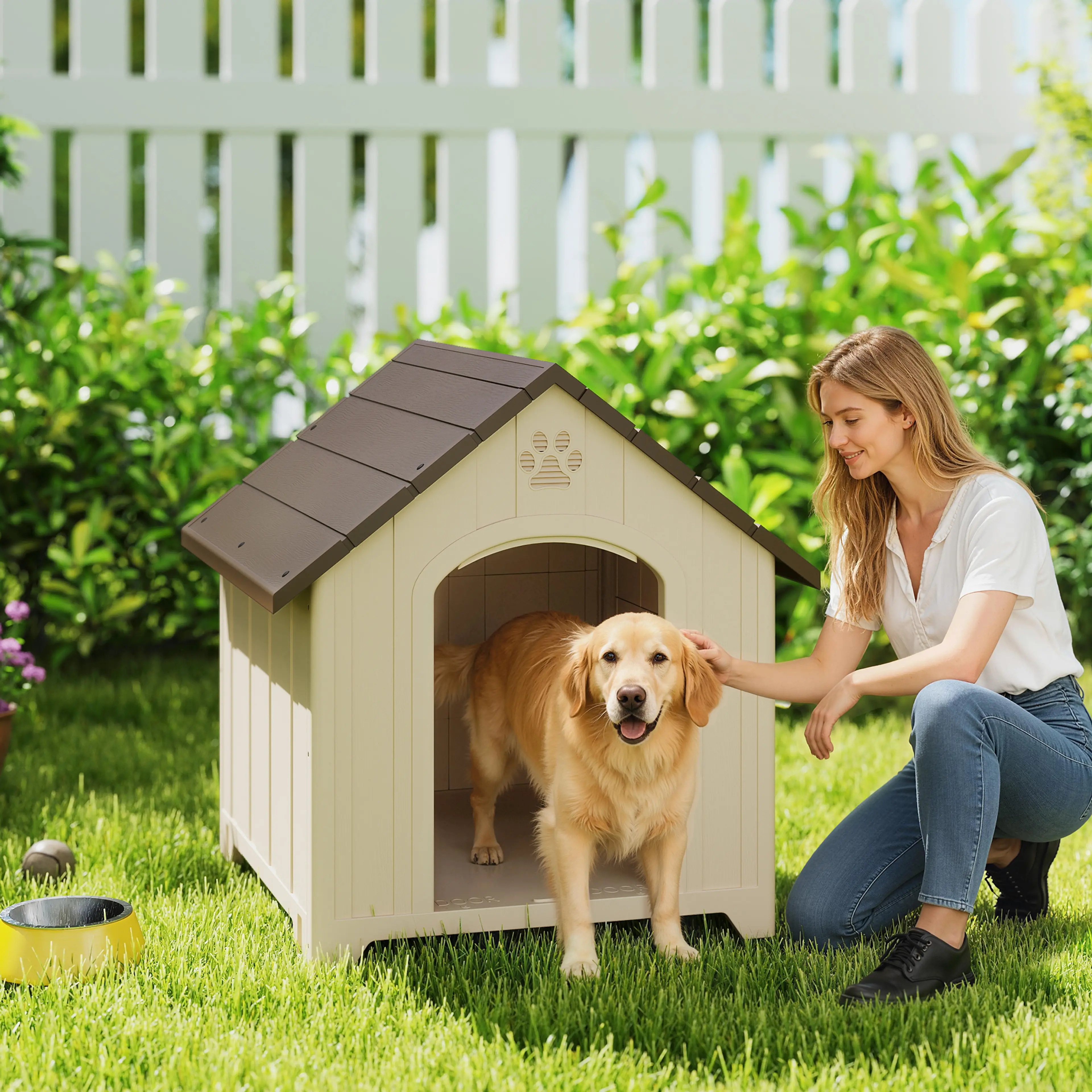 Hundkojan på en gräsmatta med en golden retriever i dörröppningen