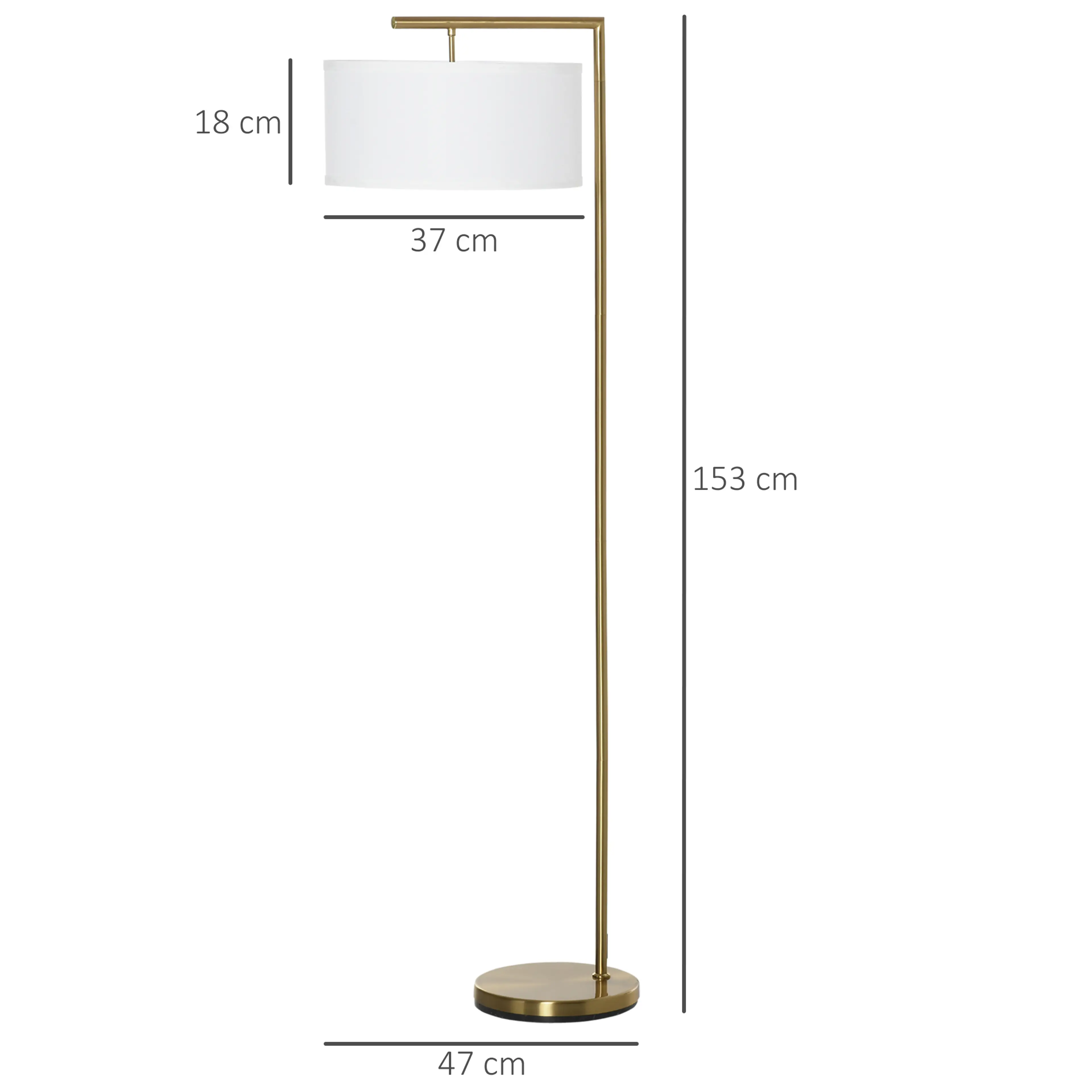 Måttritning med skärm Ø37 cm och 18 cm hög samt totalhöjd 153 cm